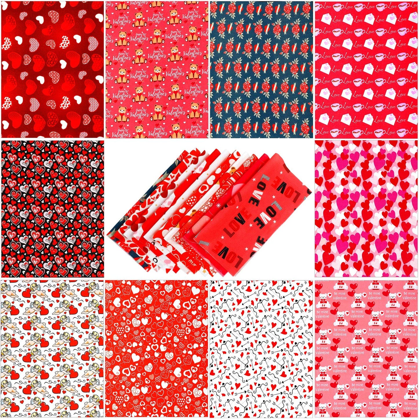 10 Pieces Valentine's Day Fabric 18 x 22 Inch Heart Fat Quarters Printed Red Love Sewing Bundles Precut Quilting Patchwork DIY Fabric Scraps for Valentine's Day DIY Craft