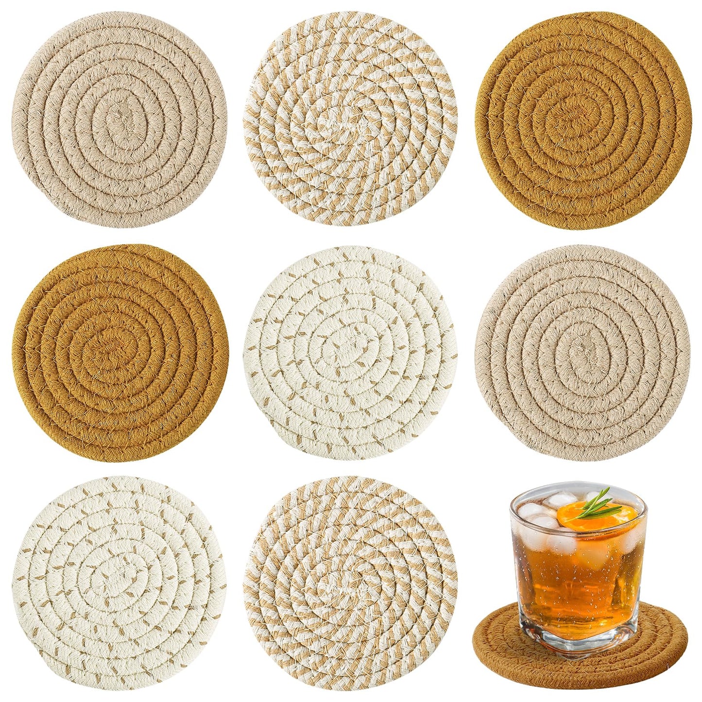 Handmade Woven Drink Coasters, 8 Pcs BOHO Coasters for Home Decor, Absorbent Farmhouse Cotton Table Coasters for Kinds of Cups New House Gift (4.3in, Yellow/Brown/White)