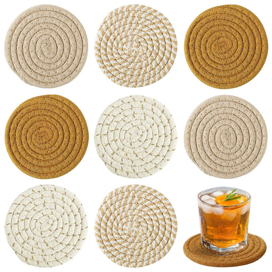 Handmade Woven Drink Coasters, 8 Pcs BOHO Coasters for Home Decor, Absorbent Farmhouse Cotton Table Coasters for Kinds of Cups New House Gift (4.3in, Yellow/Brown/White)