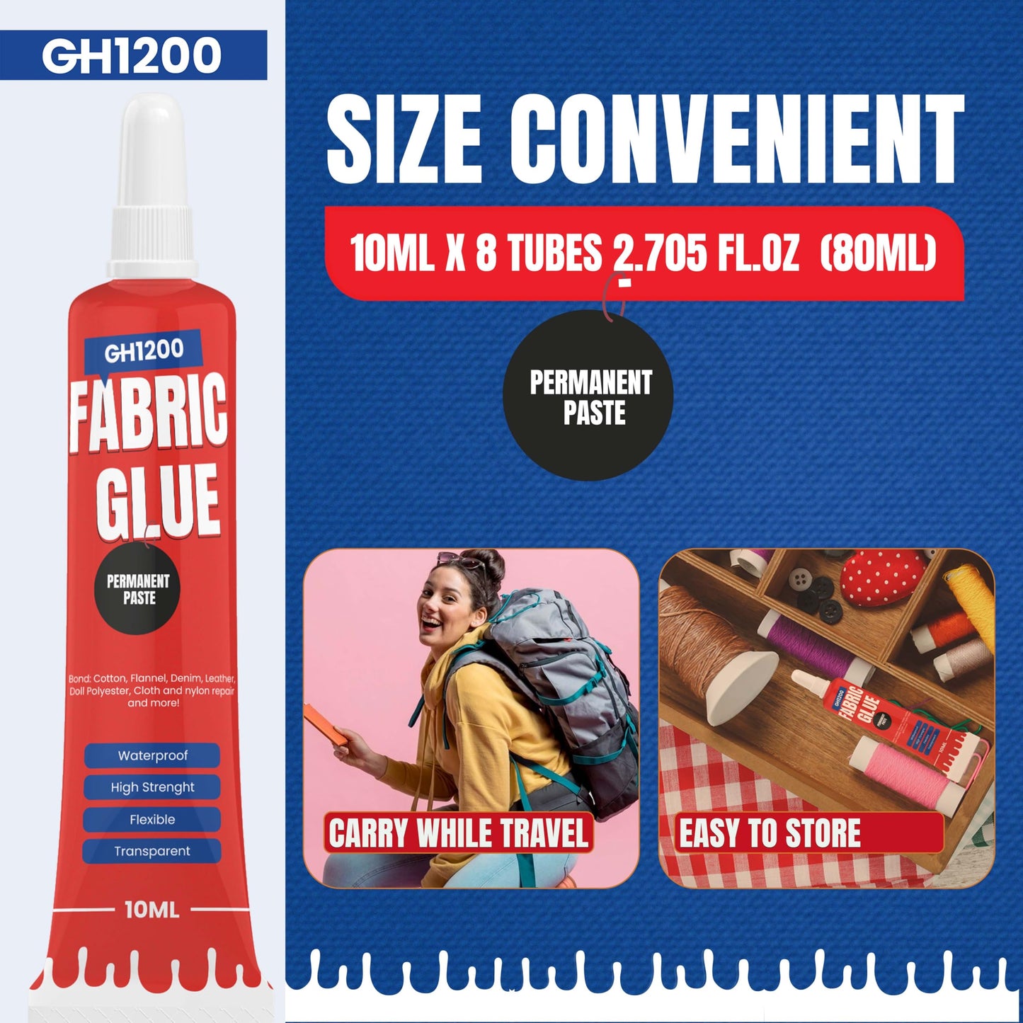 Fabric Glue Permanent (10 ML x 8), Fabric Glue for Clothing Permanent Washable for Rhinestones, Patches, Clothes, Denim, Leather, Polyester, Fabrics, Doll Repair, Flannel, Cotton & More