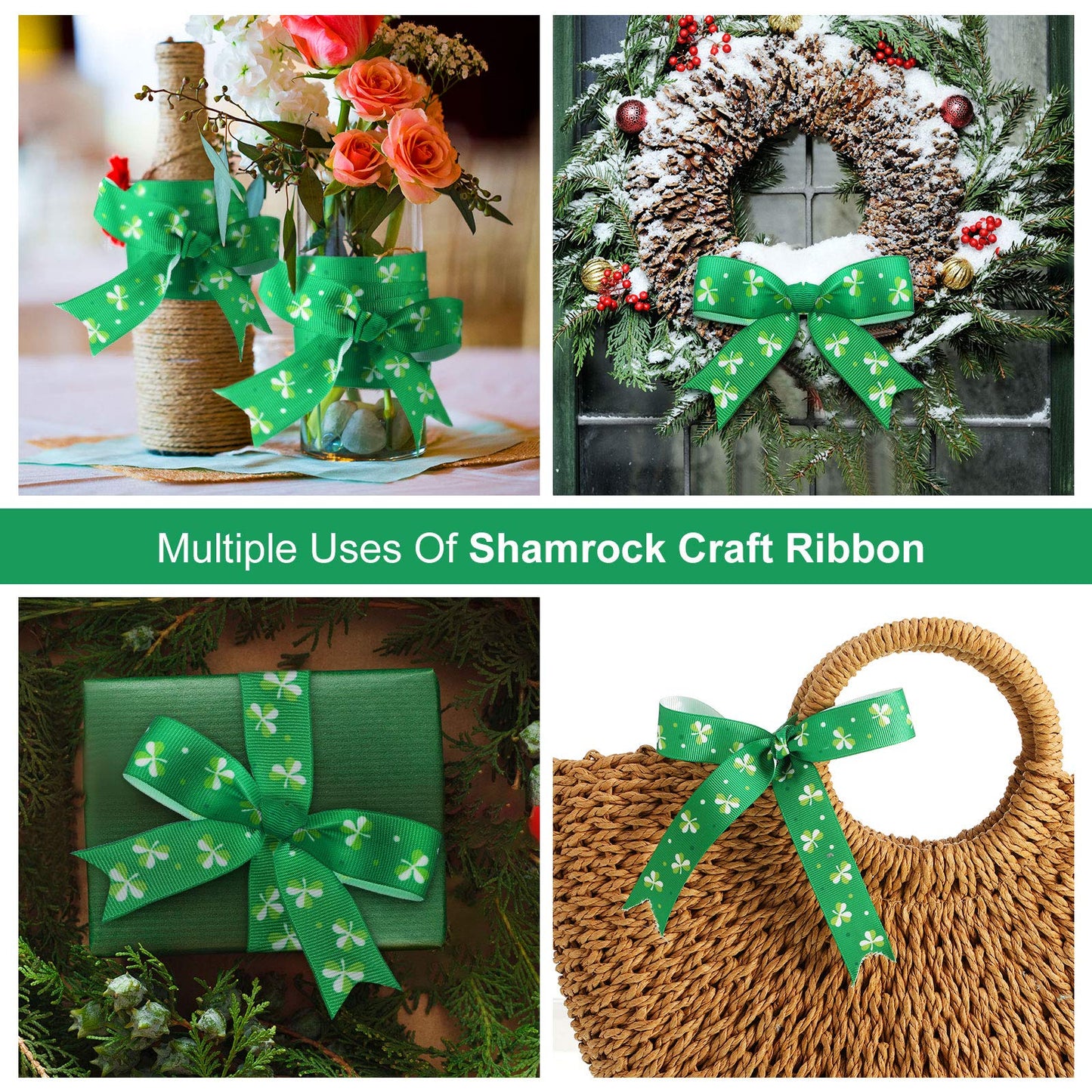 4 Rolls 40 Yards Shamrock Grosgrain Ribbon Irish Clover Pattern Fabric Ribbon 7/8 Inch Holiday Polyester Grosgrain Craft Ribbon for St. Patrick's Day Festival Decor Bows Wreath Lanyards Wrapping