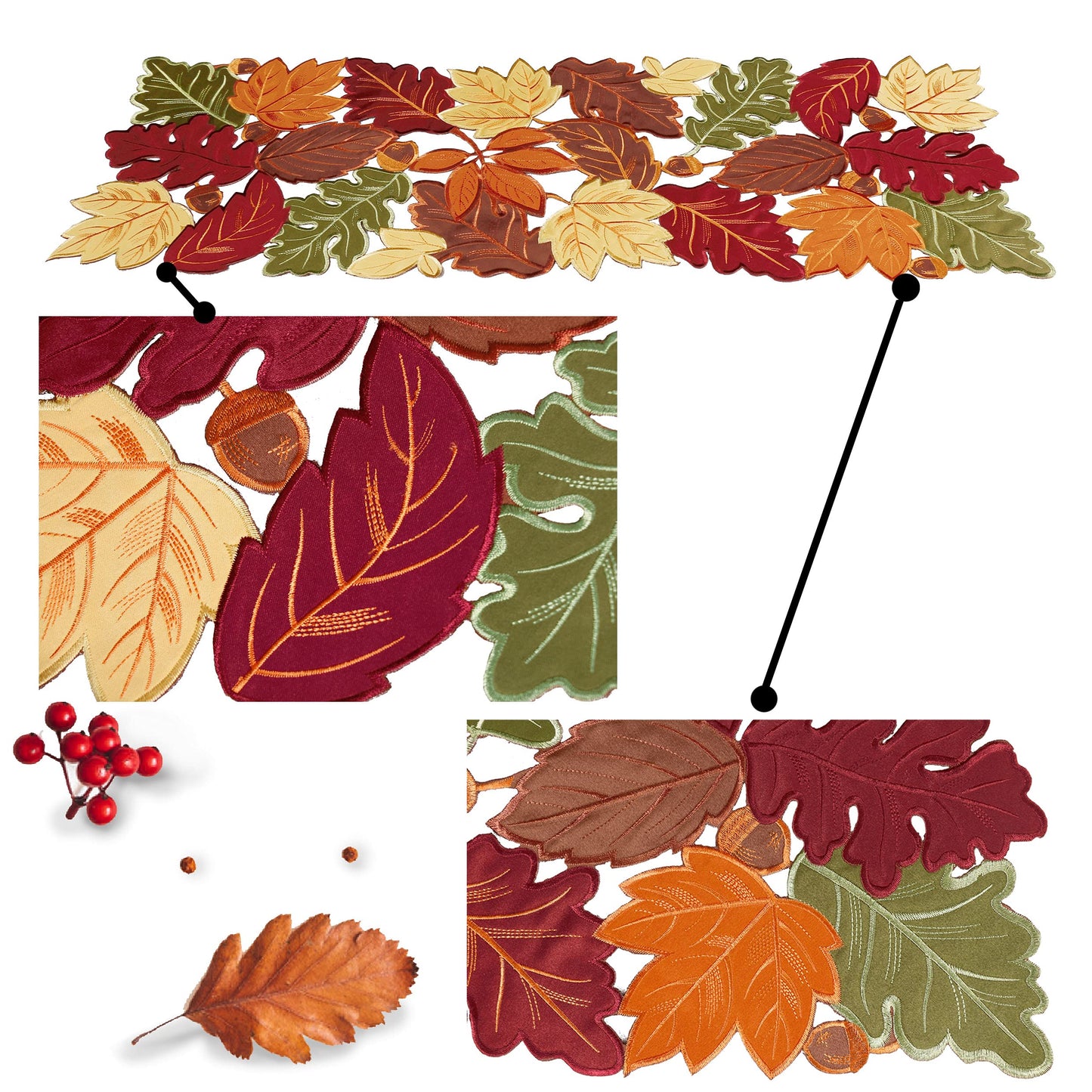 Thanksgiving Runner, Fall Leaf Table Runner for Autumn Home Decorations, Fall Table Centerpieces, Embroidered Cutwork Farmhouse HarvestMaple Leaf Runner, 13 Inch x 36 Inch