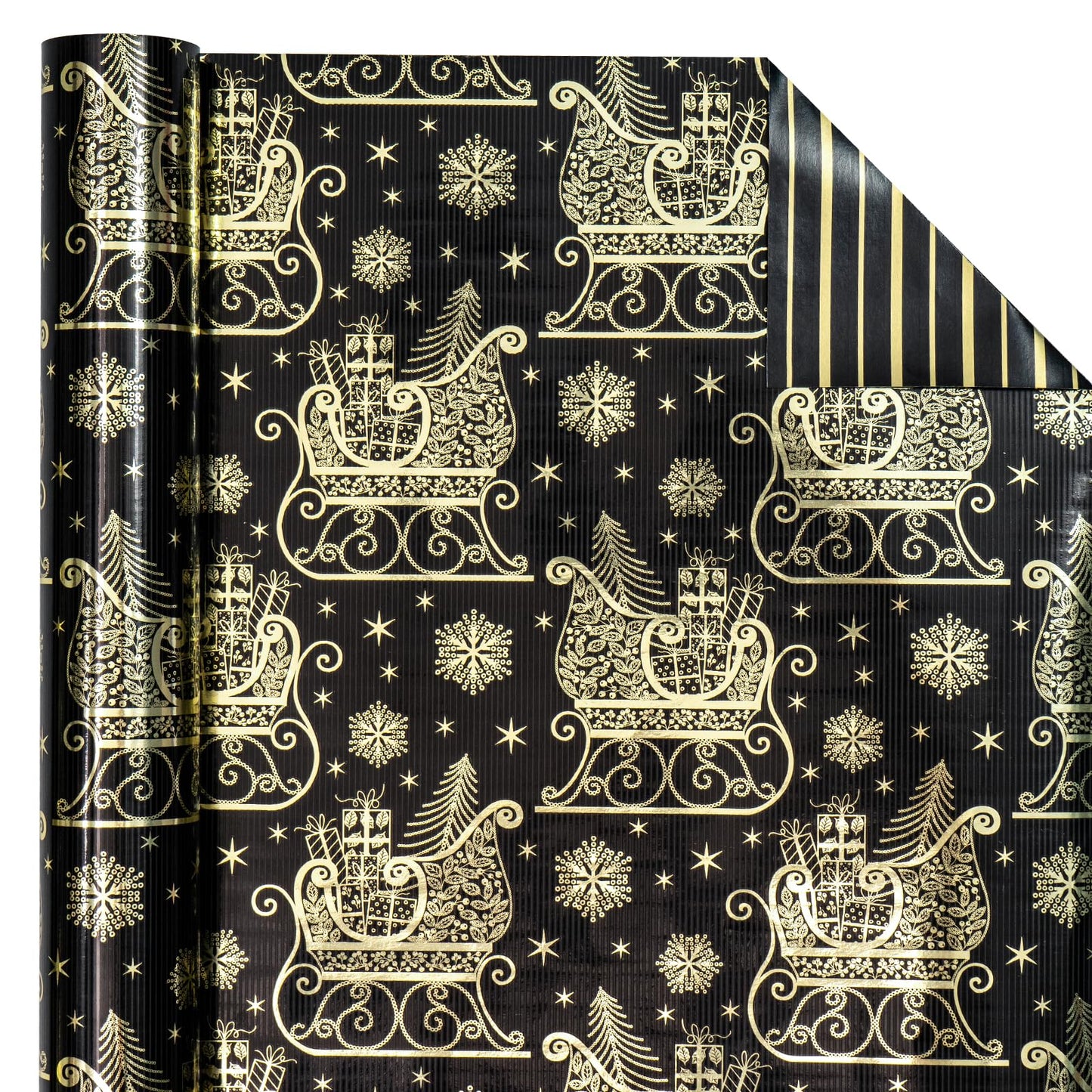 Reversible Black and Gold Christmas Wrapping Paper - Mini Roll - 17 Inch x 33 Feet - Black Gold Sleigh and Stripe Wrapping Paper with Metallic Foil Shine for Christmas, Holiday, Party