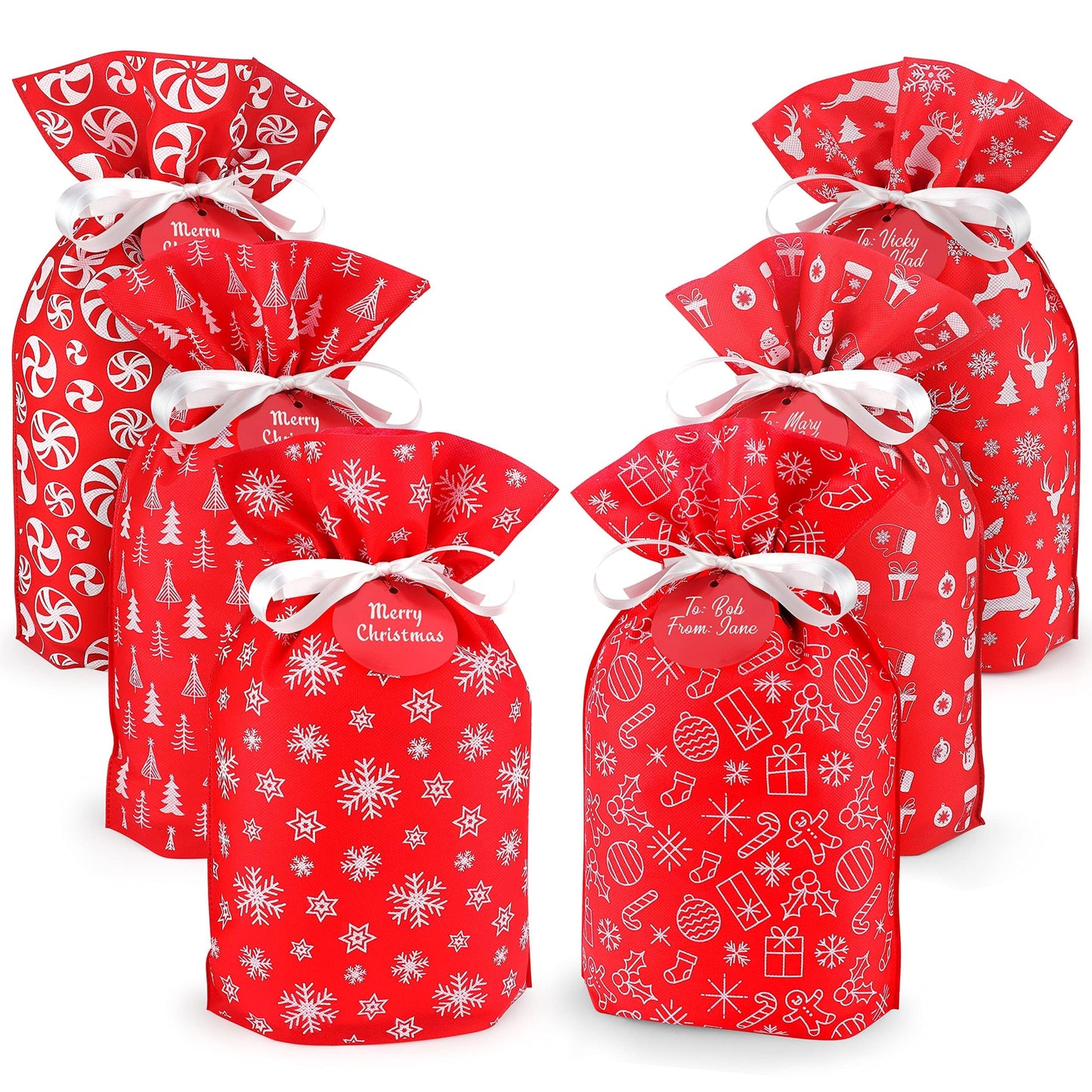 Fabric Gift Bags for Christmas Presents, Set of 6 Drawstring Bags, Cloth Bag, Reusable Gifts (Red Designs)