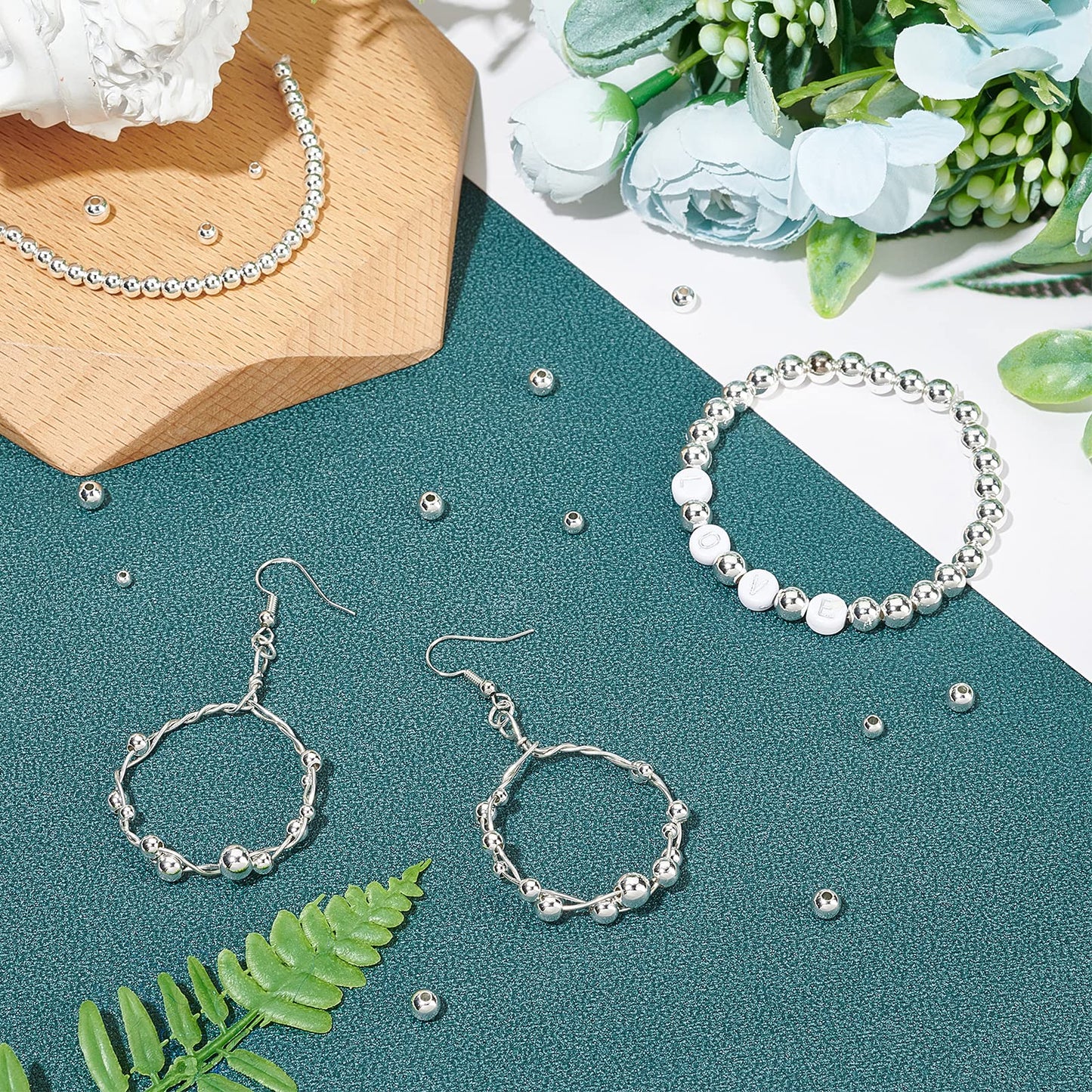 5 Sizes Smooth Round Beads, 300pcs 14K Silver Plated Beads Little Round Beads Seamless Ball Beads Long-Lasting Spacers for Hawaii Layered Bracelet Necklace Jewelry DIY Crafts 2/3/4/5/6mm