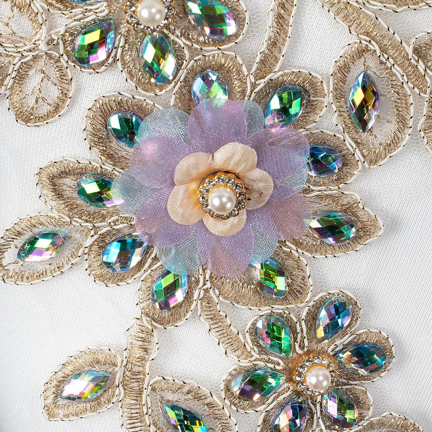 Silvora Pair Embroidered Beaded Pearl Flower Fabric Colorful Rhinestones Applique, Handmade Sewing Tool for Wedding Dress Gown Bodice Costume Clothing Craft DIY