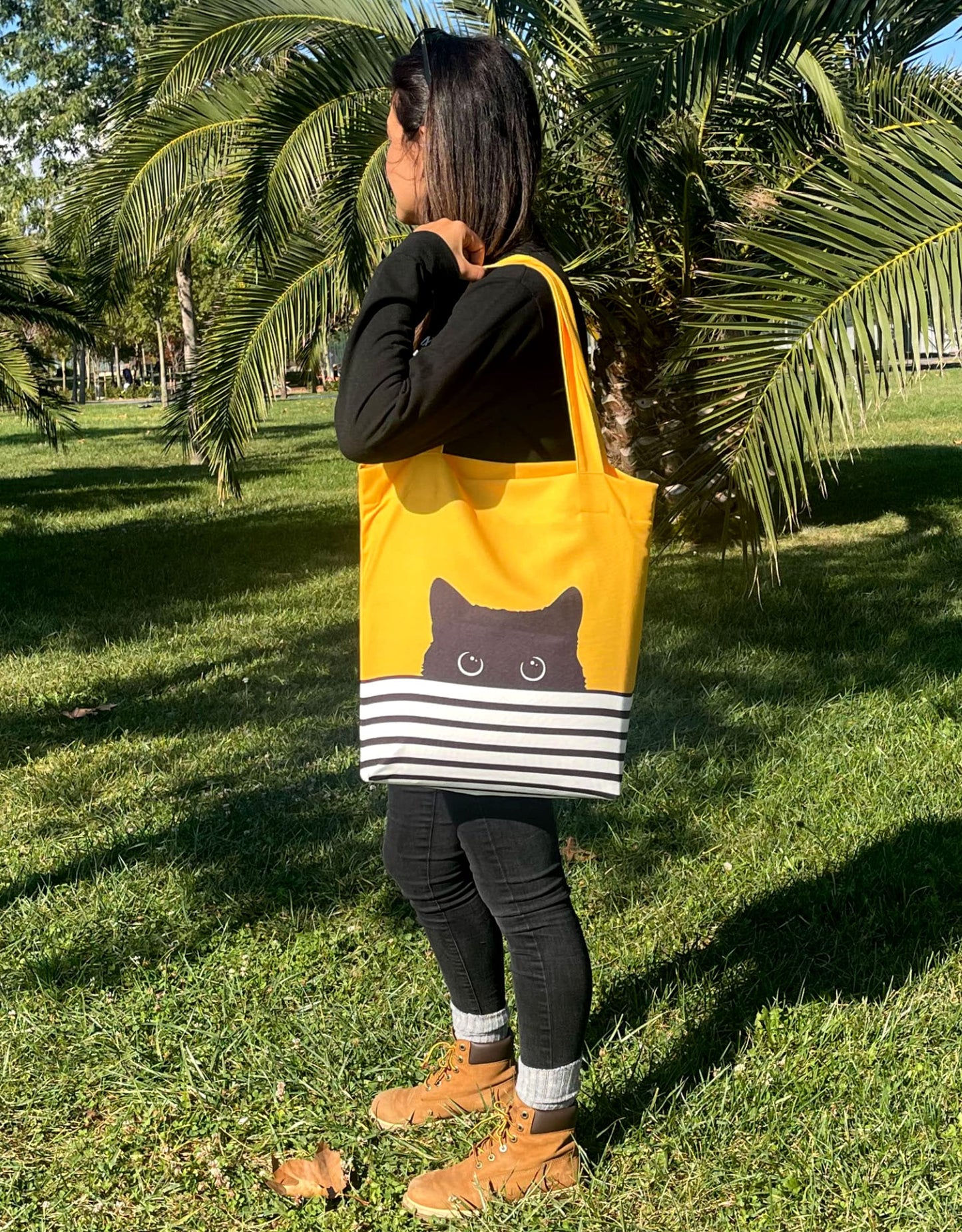 Cute Canvas Tote Bag - Cat Lover Gifts for Women - Black Cat Gifts for Cat Lovers - Cat Mom Gifts - Cat Themed Gifts - Happy Birthday Bags for Cat Lady Gifts - Reusable Cat Tote Bag (Yellow Cat)