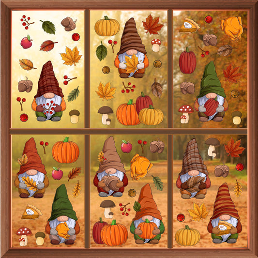 Fall Decor Autumn Window Clings Thanksgiving Decorations Double-Sided Reusable Peel and Stick Removable for Glass Living Room Nursery Room Home Office Thanksgiving Gnomes 102 Pieces