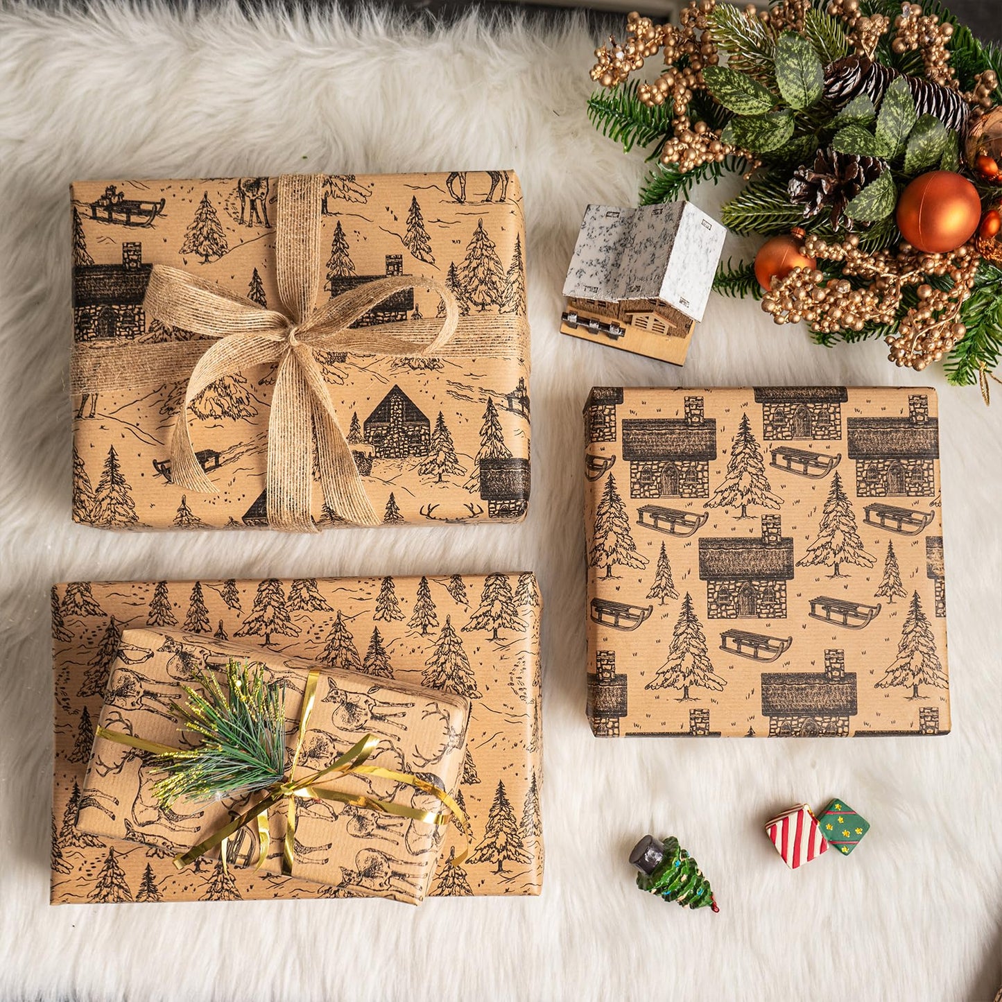 Christmas Wrapping Paper - Black Sketch Design - 4 Rolls - 30 Inches x 10 Feet Per Roll