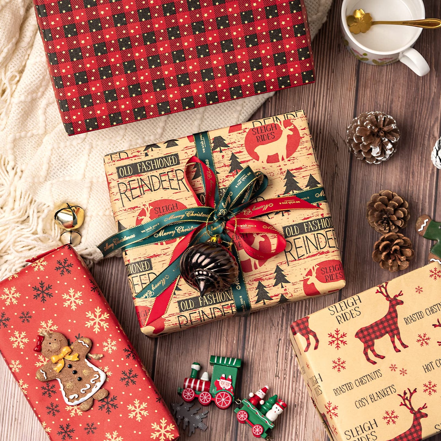 Christmas Wrapping Paper, Kraft Paper - Red and Black Christmas Designs - 4 Rolls - 30 inches x 10 feet per Roll