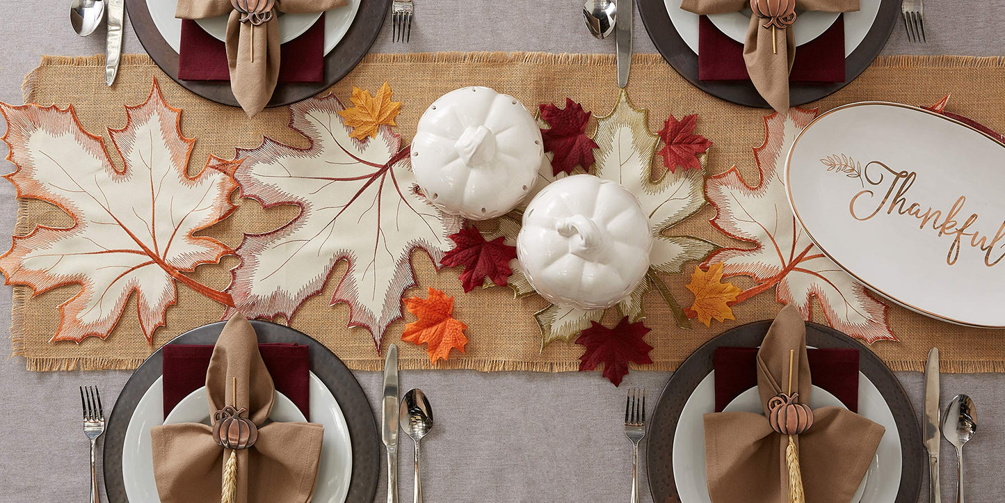 Fall Table Decorations Indoor Décor, Thanksgiving, Table Runner, 14x70, Embroidered Cut Work Leaves