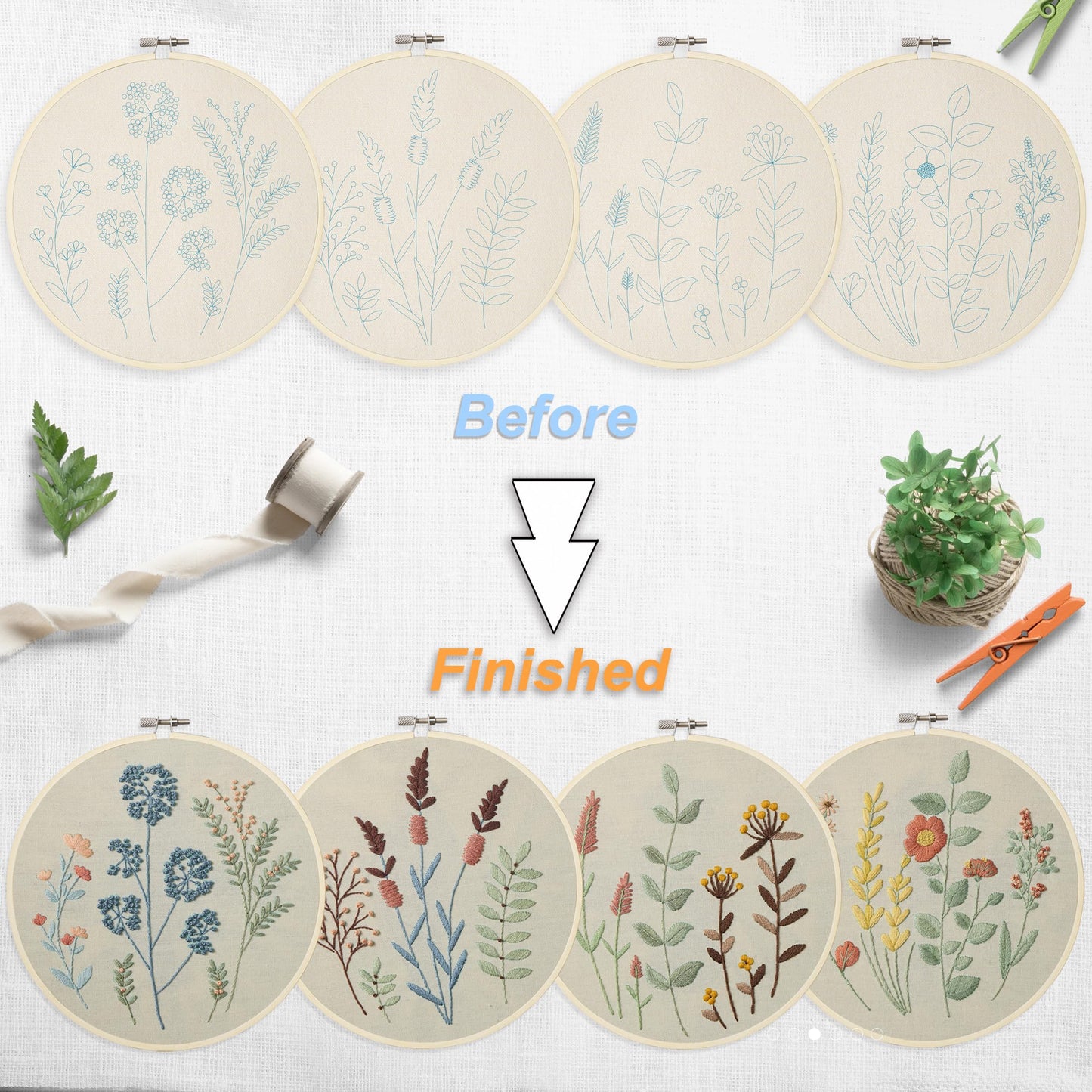 4 Sets Embroidery Kit for Beginners, Art Craft Handy Sewing Include Embroidery Clothes with Pattern, Instructions,Color Threads Needle Kit (Multi 5)