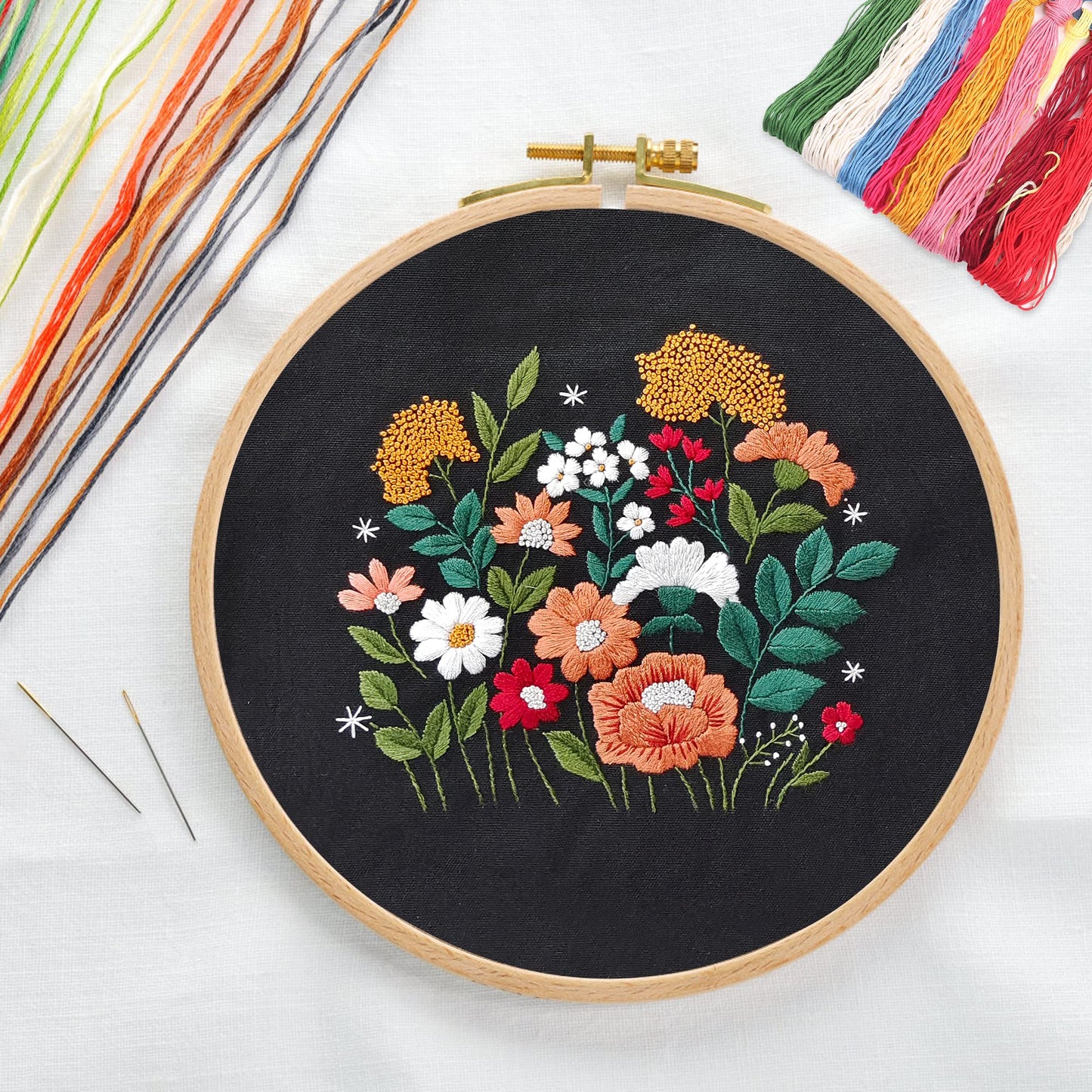 Canvas Tote Bag Embroidery Kit with Pattern for Beginners, Arts and DIY Crafts Kits for Adults, Include Instructions Embroidery Bag, Embroidery Hoops, Color Threads and Tool (Black)