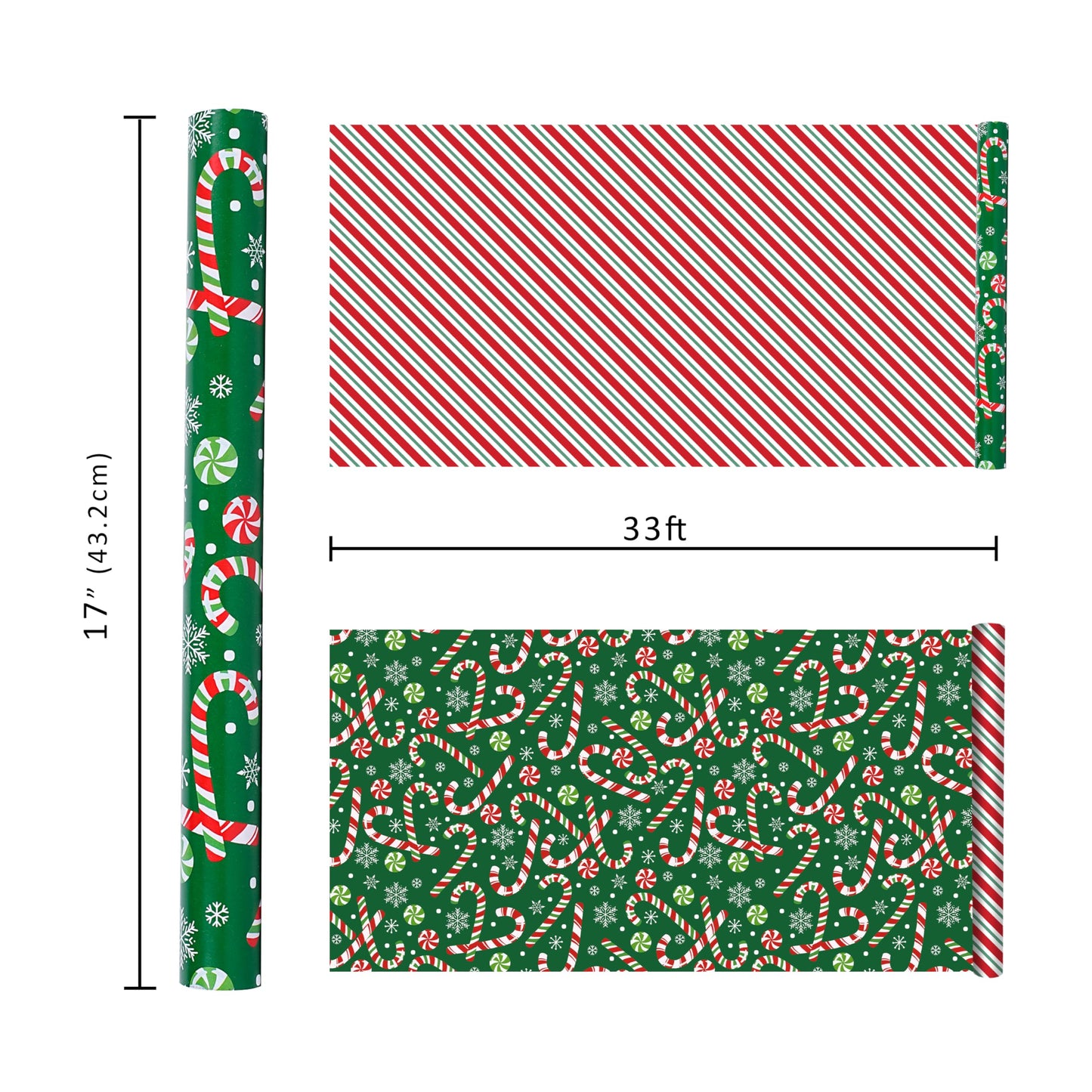 Reversible Green Christmas Wrapping Paper Roll, Classic Candy Cane & Red Striped Gift Wrap for Christmas, Holiday, Winter Party, 17 Inch x 33 Feet