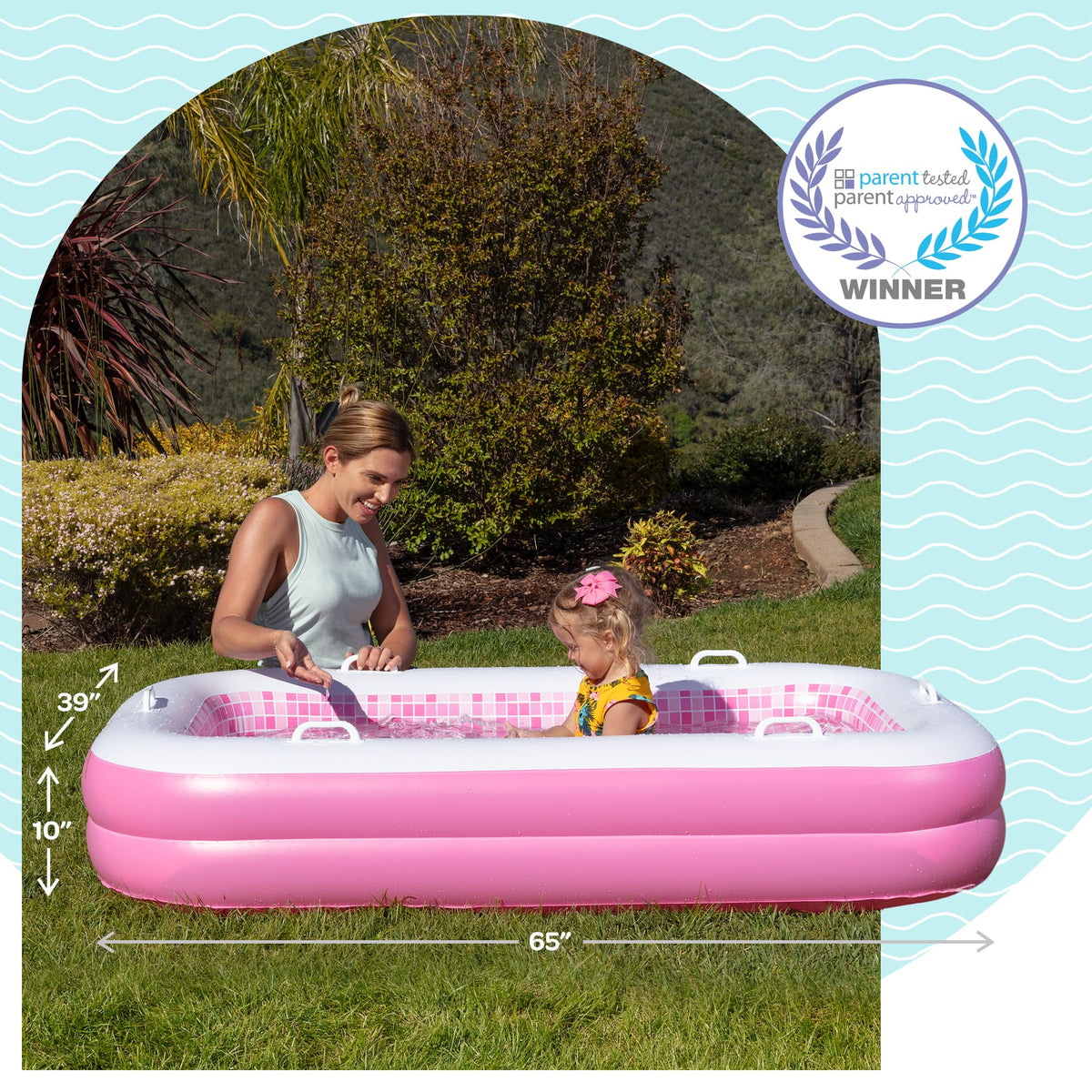 3-in-1 Premium Inflatable Kiddie Pool, Ball Pit & Tanning Pool, Soft Cushioned Floor, Handles, Drain, Shallow Rectangular Blow Up Swimming Pool for Kids, Small Backyard Tanning Pool - 65"x39"x10"
