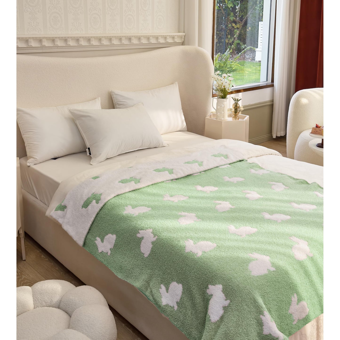 Ultra Soft Cozy Happy Easter Rabbits Spring Knitted Throw Blanket Fluffy Microfiber Checkerboard Bed Blanket Lightweight Both Sides Blanket for Couch Sofa Bed… (Rabbit Green, Throw 50“x60”)