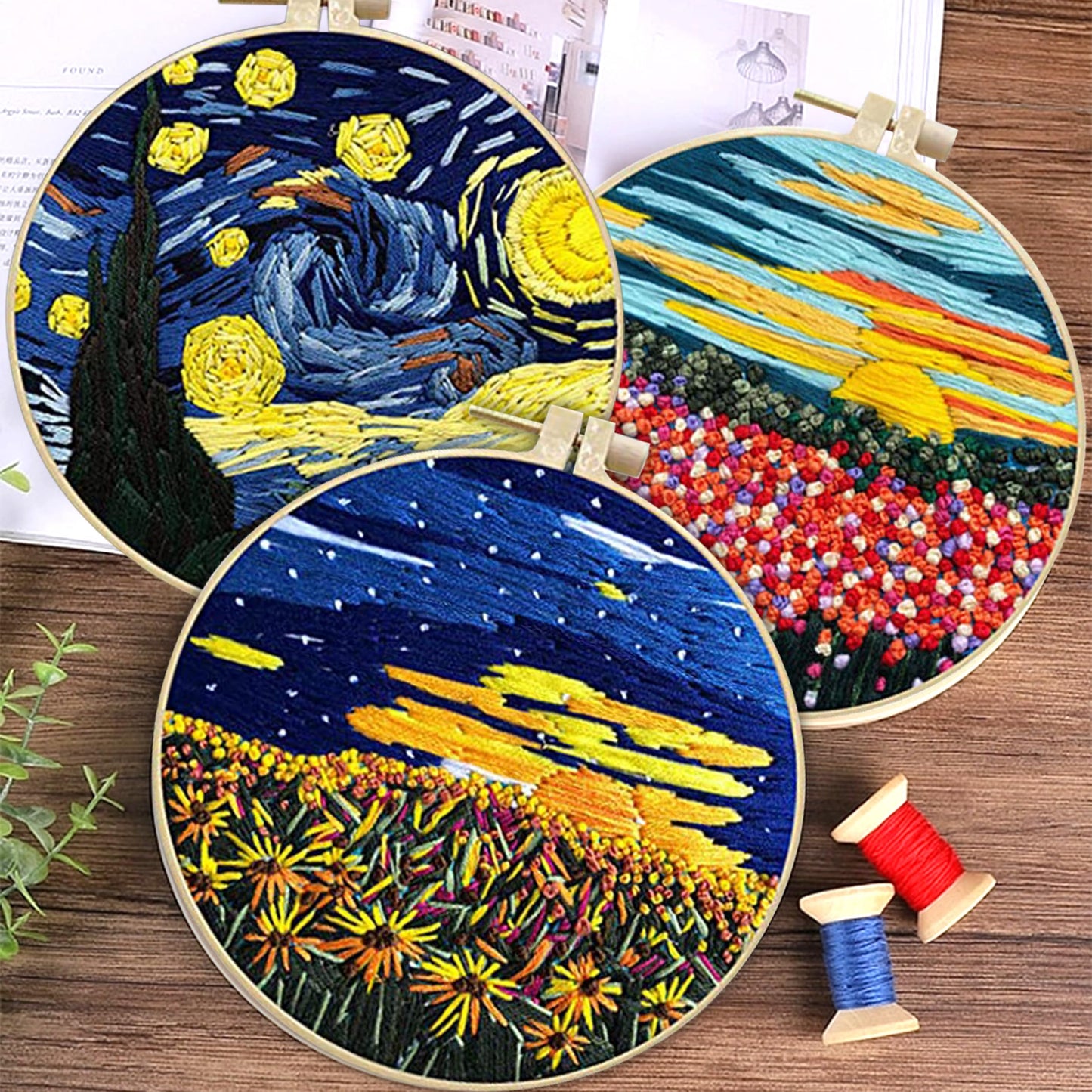 Maydear 3 Sets Embroidery kit for Beginners Adults,Embroidery Kit Punch Needle Kit Cross Stitch Kits with Embroidery Hoop and Instructions,Hand Embroidery Starter Kit