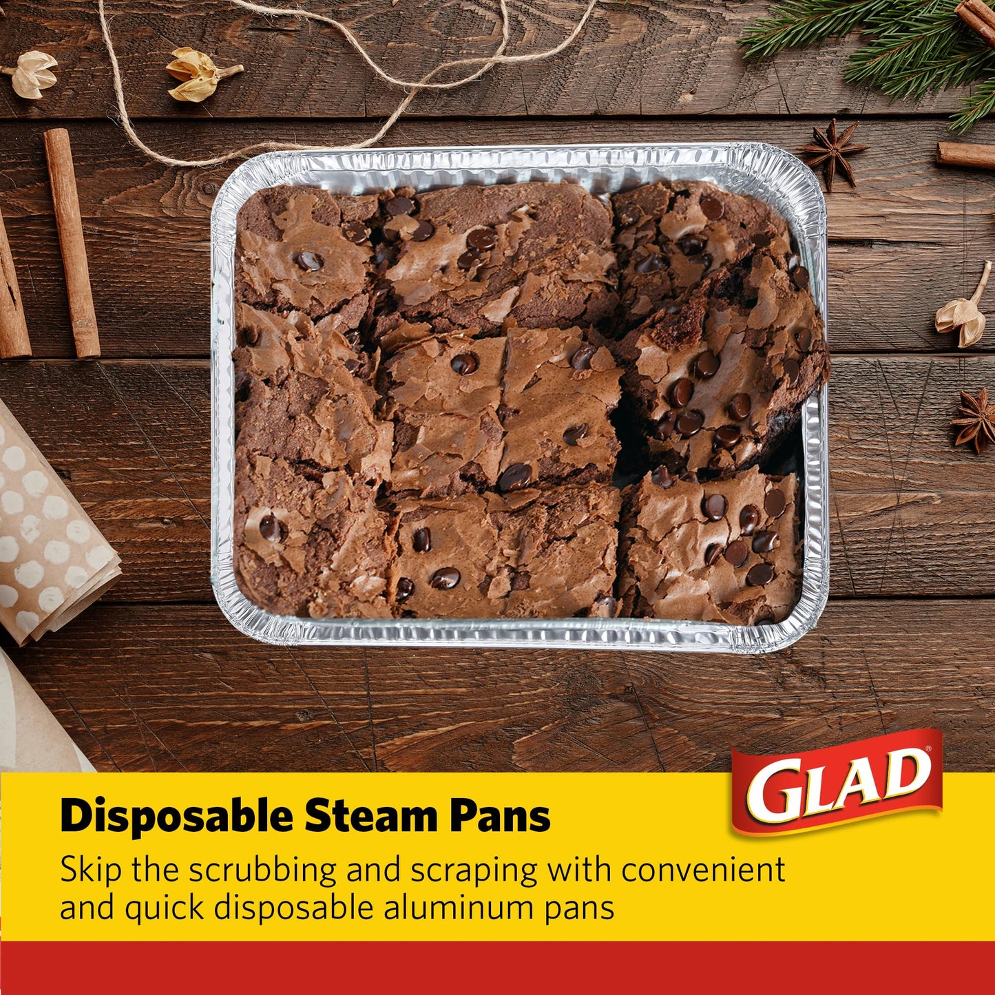 Glad Disposable Aluminum All-Purpose Pans in Red & White Snowflake Holiday Pattern, 2ct with Lids | Printed Durable Foil Steam Pans | 12.5 x 10.2 x 2.16 Aluminum Pan | Durable Disposable Steamware