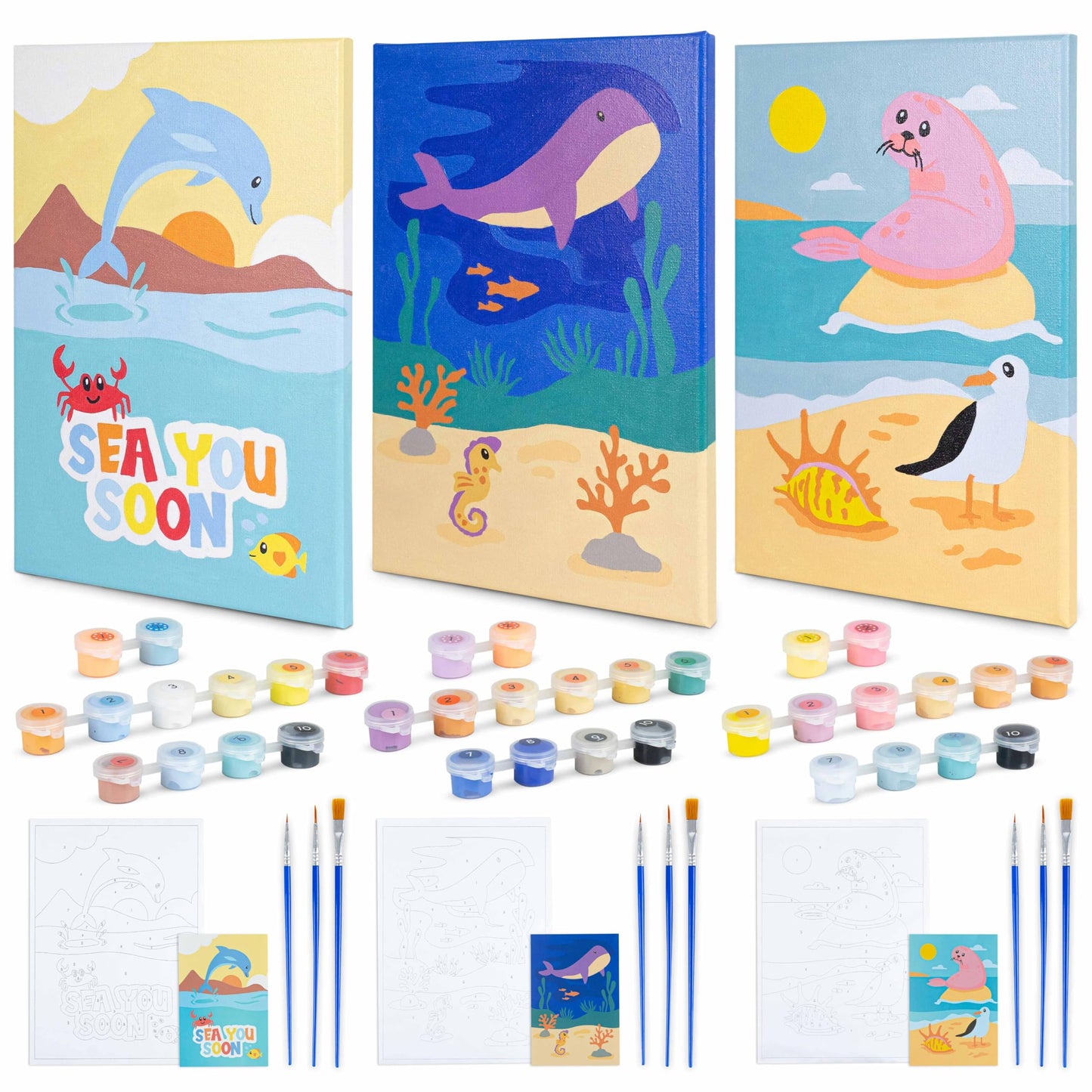BONNYCO Paint by Numbers Kit for Kids Sea Animals Pack 3 Canvas. Paint by Number Canvas Framed, Ocean Gifts for Kids. Arts and Crafts 4-6 8-12, Pintar por Numeros. Pre Drawn Painting Under Sea Crafts