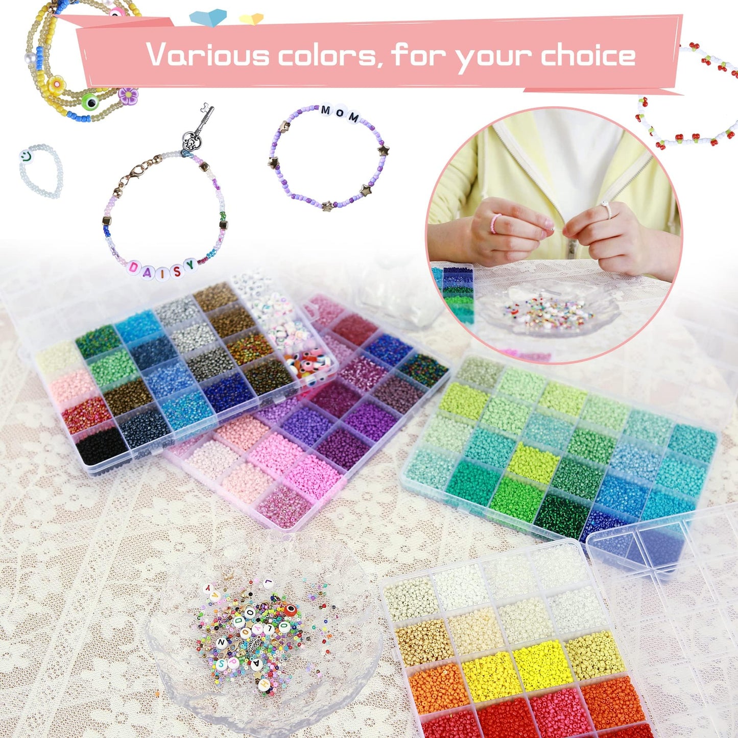 49000pcs 2mm Seed Beads 92 Colors Small Beads Kit Bracelet Beads with Pendant Charms Kit and Letter Beads for Bracelets Necklace Ring Making, DIY, Art and Craft