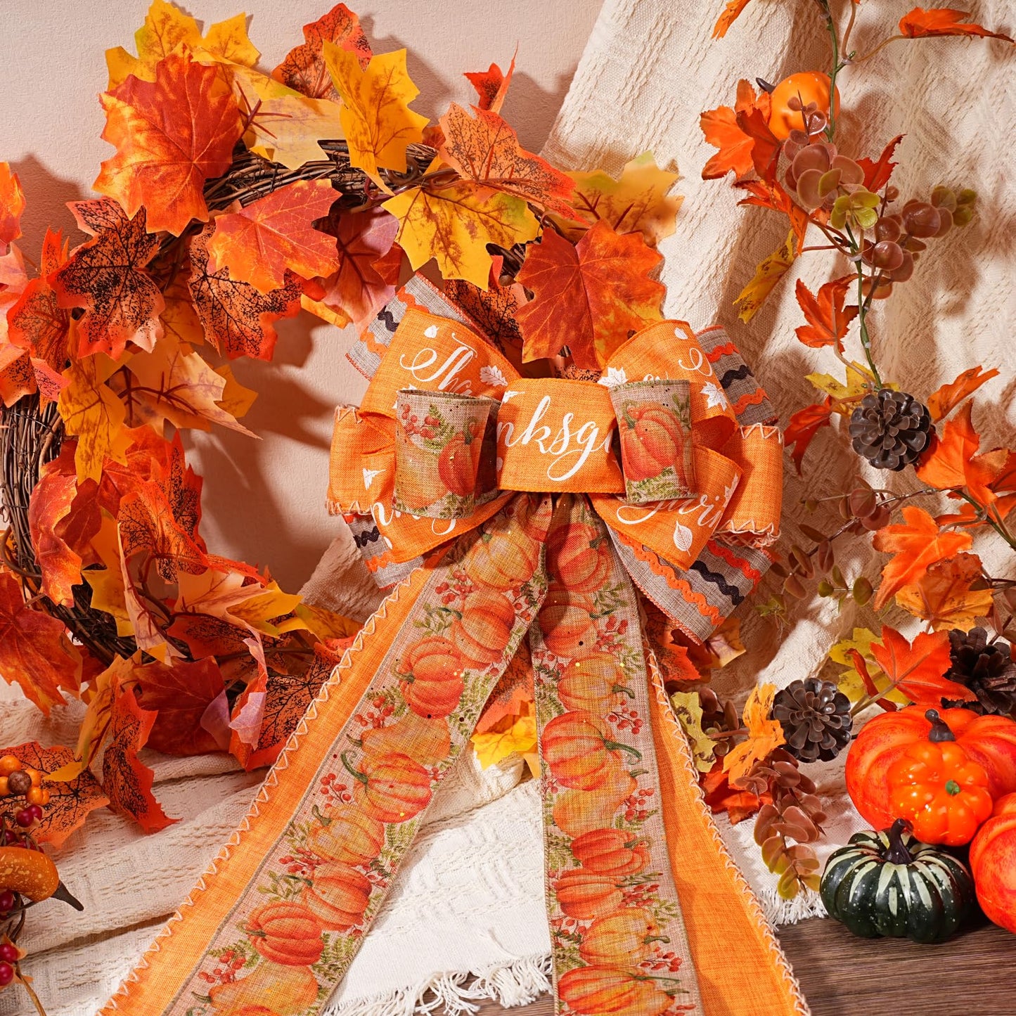 LaRibbons Fall Burlap Plaid Ribbon Wired 2 1/2" x 6 Yards 4 Rolls, Harvest Pumpkins Ribbon for Autumn Wreath Thanksgiving Christmas Farm Gift Wrapping Home Decor