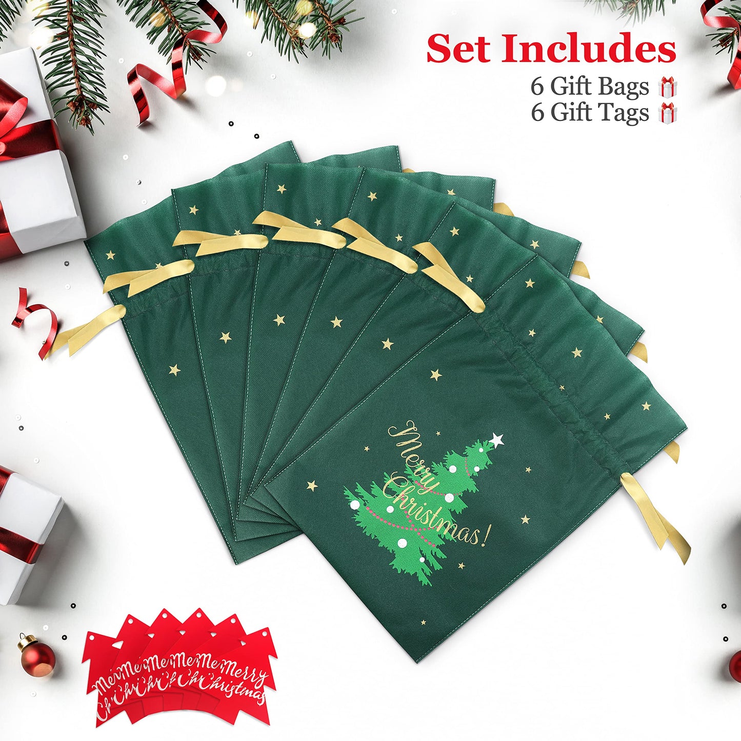 Fabric Gift Bags for Christmas Presents - 6 Pcs Christmas Gift Bags with Drawstring, Large Reusable Drawstring Bags for Gifts (Green Tree)