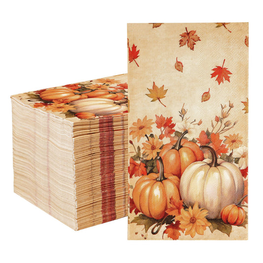 100 Pcs Fall Napkins Thanksgiving Guest Napkins Pumpkins Autumn Paper Napkins, 3 Ply Disposable Hand Towels for Fall Thanksgiving Party Supplies Table Decorations Bathroom Kitchen Home