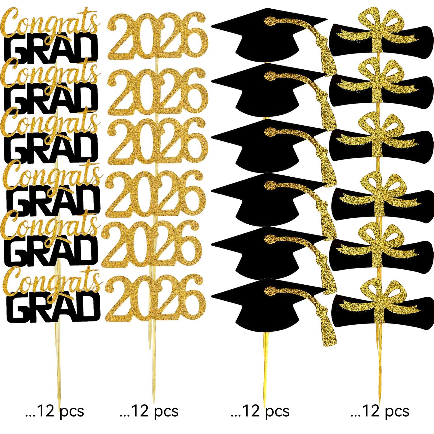 YuBoBo 2026 Graduation Cupcake Toppers, 48 PCS Food/Appetizer Picks For Graduation Party Mini Cake Decorations, Diploma, 2026, Grad Cap Set 48 Pieces (01 Gold)