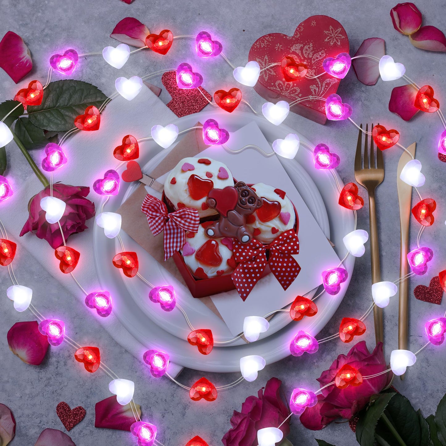 2 Pack Valentines Day Decor 20FT 60 LED Heart Twinkle Fairy Lights Battery Operated, 8 Modes Romantic Red Pink White Heart String Lights Valentines Decorations for Home Party Bedroom Wedding