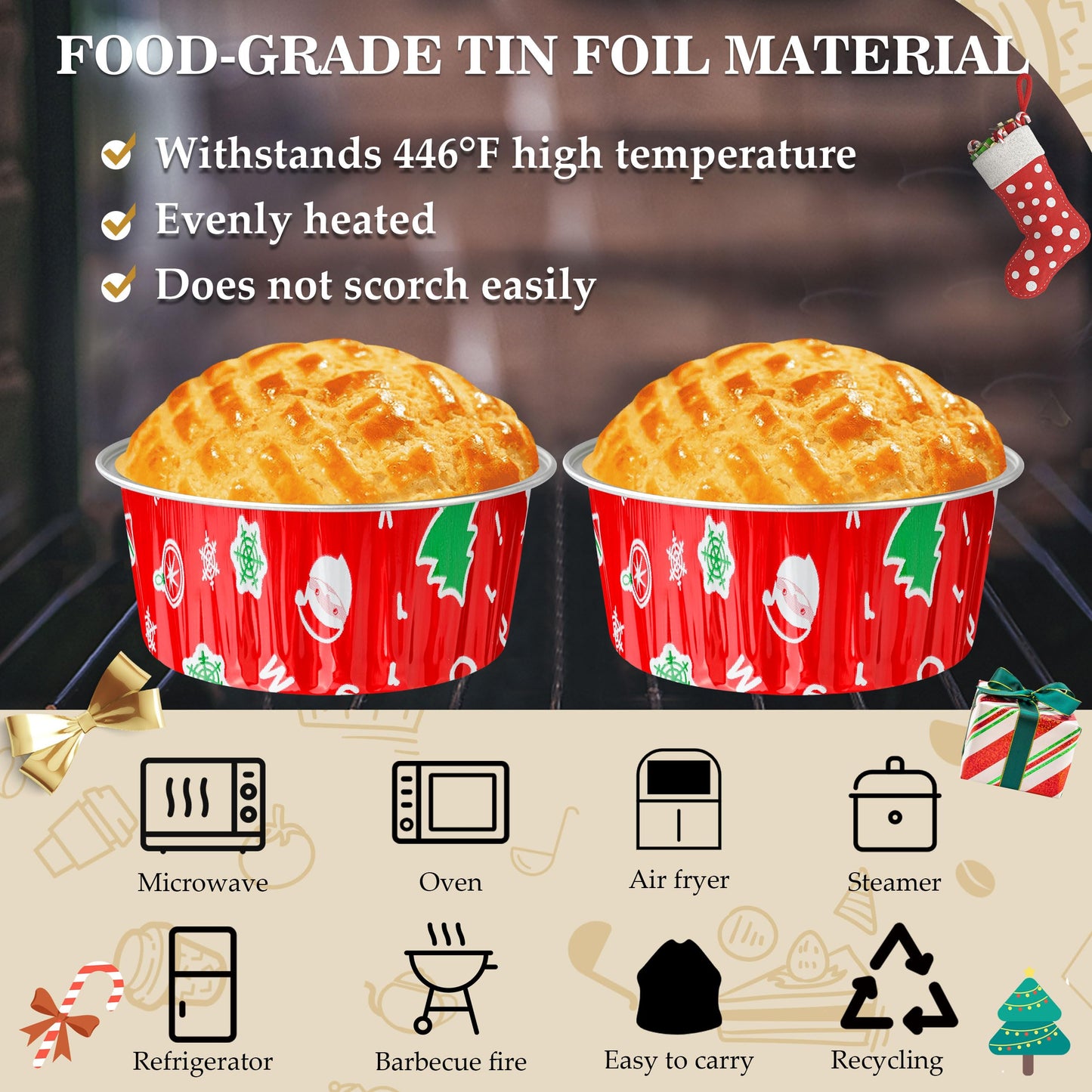 Mini Cake Pans, 50PCS 4OZ Aluminum Foil Baking Cups with Lids Disposable Ramekins Cupcake Containers Wrappers Aluminum Pans With Lids Cake Cups, Red Christmas