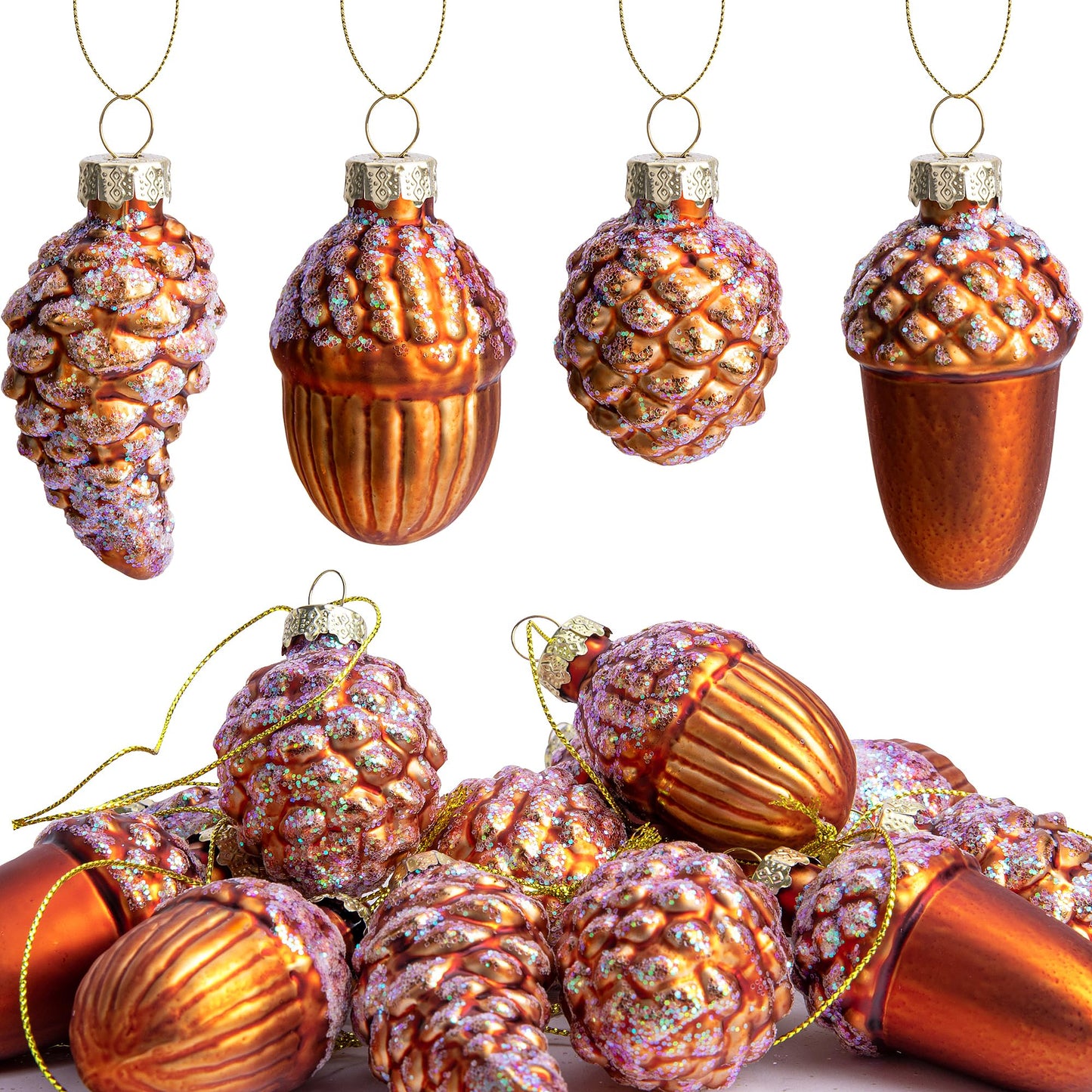 12 Pcs Christmas Glass Pinecone Ornaments- Christmas Pinecone Glass Blown Ornaments- Fall Hanging Pine Cone Glass Ornaments for Christmas Tree Fall Thanksgiving Day Decoration (A Style)