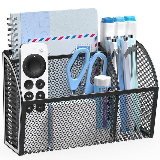 YINGHUA Magnetic Desk Organizer - 3 Compartment Metal Mesh Pen Holder for Locker, Whiteboard, Refrigerator, Office - Black Caddy