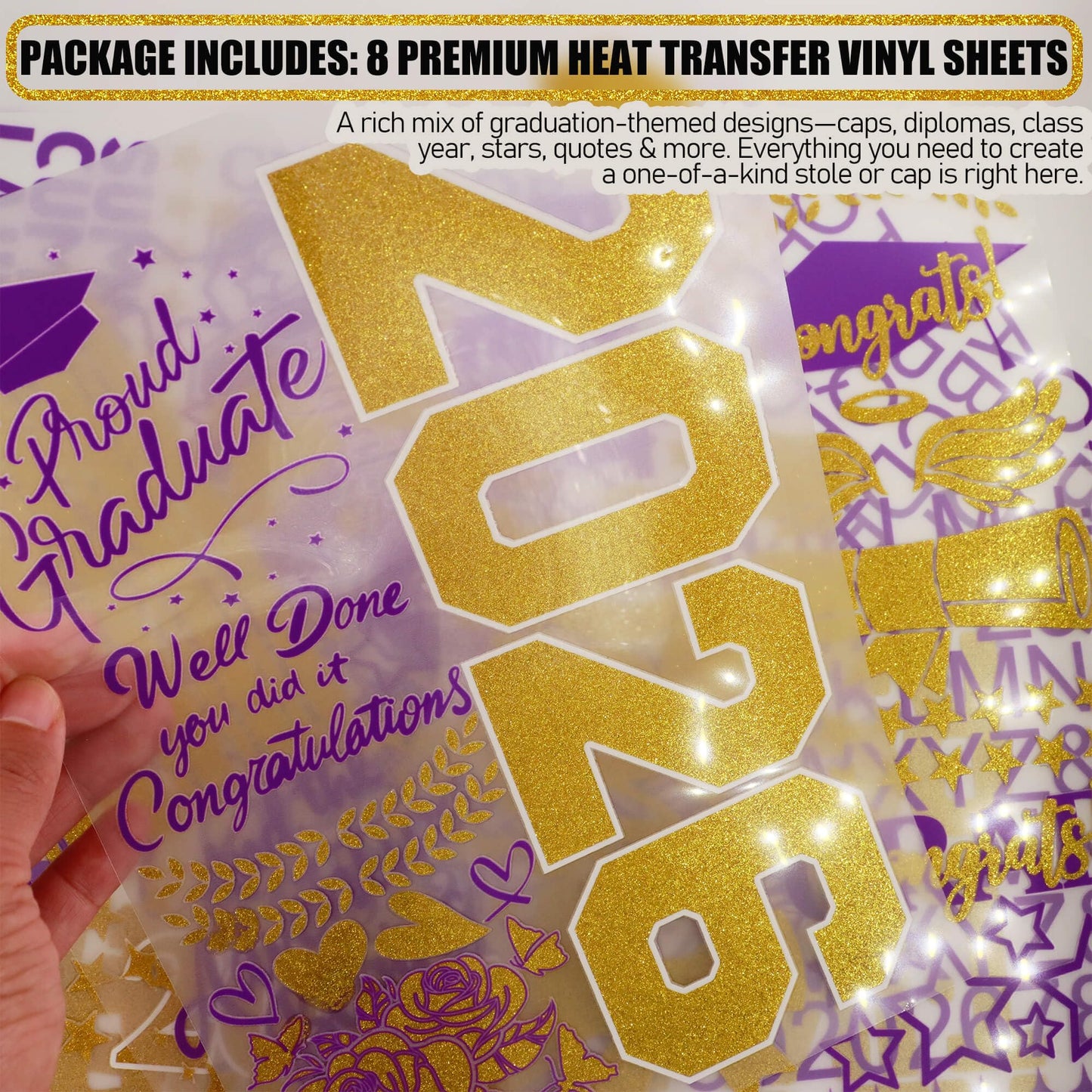Senior College First Generation Graduation Stole Sash Class of 2026 Decorations DIY Customize Grad Stole Sash Personalized Iron-On Decals Heat Transfer Vinyl HTV Cutouts Set, Purple Gold