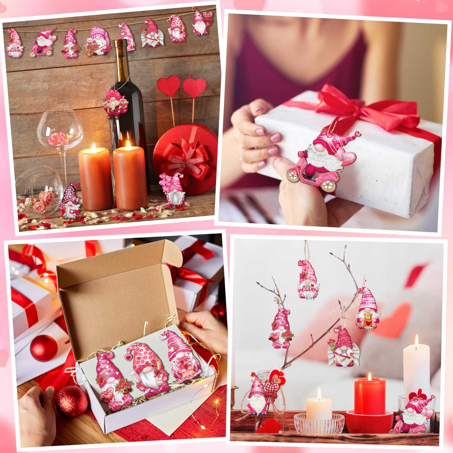 JOPHMO Valentine Wooden Hanging Ornaments, Wood Decor for Tree Decoration, Santa Doll Craft, Gnome Elf Party Supplies (Valentine-Gnomes-A)