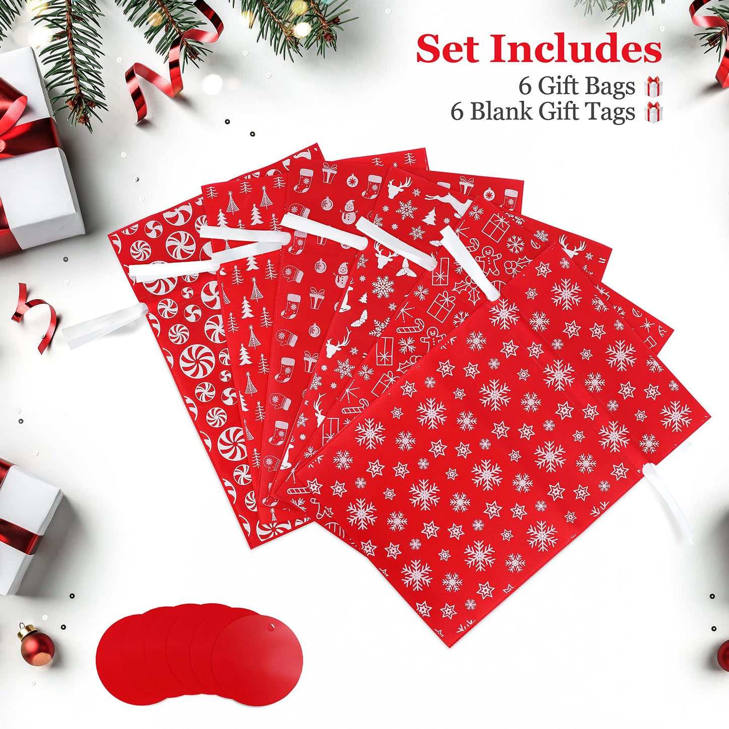 Fabric Gift Bags for Christmas Presents, Set of 6 Drawstring Bags, Cloth Bag, Reusable Gifts (Red Designs)