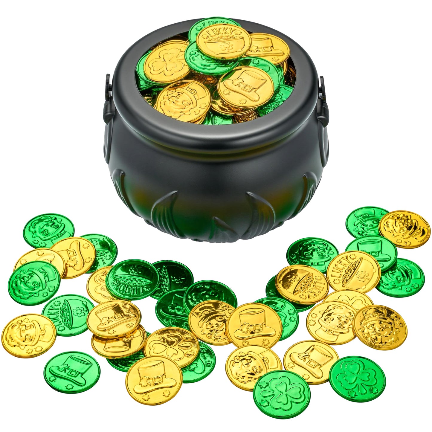 208 St Patrick’s Day Lucky Leprechaun Plastic Coins and 1 Large Black Cauldron with Handle Pot of Gold Party Supplies, St Patrick Decorations Party Favors
