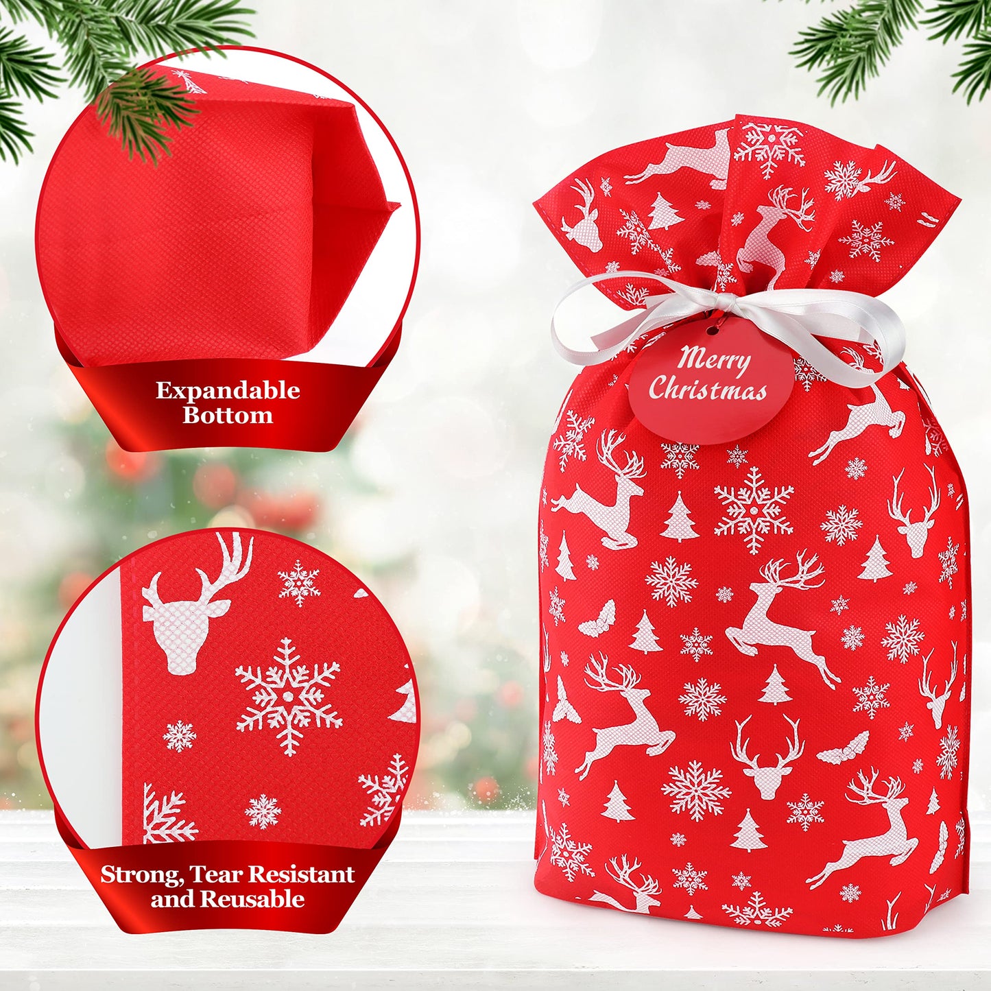 Fabric Gift Bags for Christmas Presents, Set of 6 Drawstring Bags, Cloth Bag, Reusable Gifts (Red Designs)