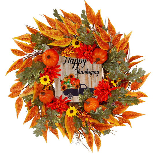 MAGGIFT Fall Wreath, 17 Inch Thanksgiving Wreaths for Front Door, with Artificial Maple Leaves, Sunflowers and Pumpkins, Ideal for Autumn Harvest Wall Indoor Outdoor Decorations