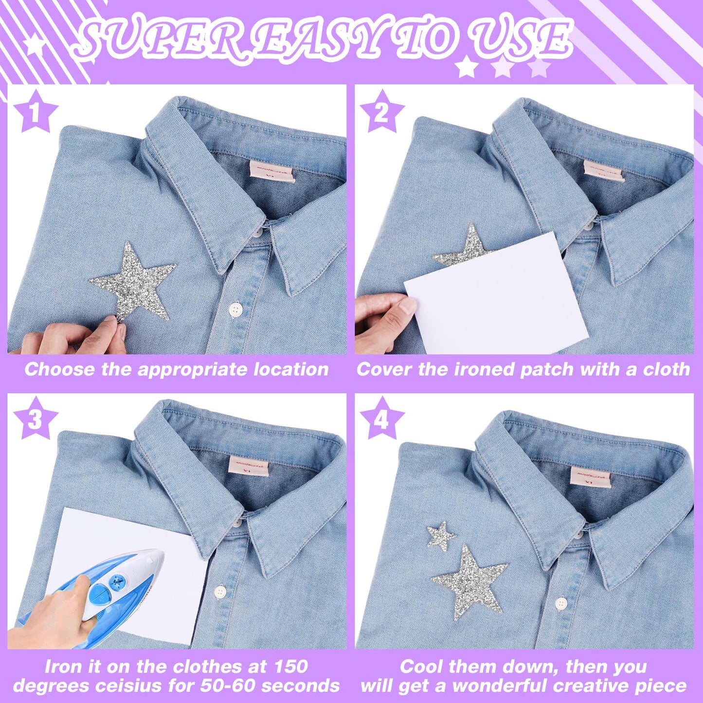 32Pcs Star Appliques Iron on Patches for Hats, Jeans, Clothing, Shirts, Iron on Glitter Star Applique, Rhinestone Stars Iron on Patches for DIY Crafts (Silver, Mixed Size)