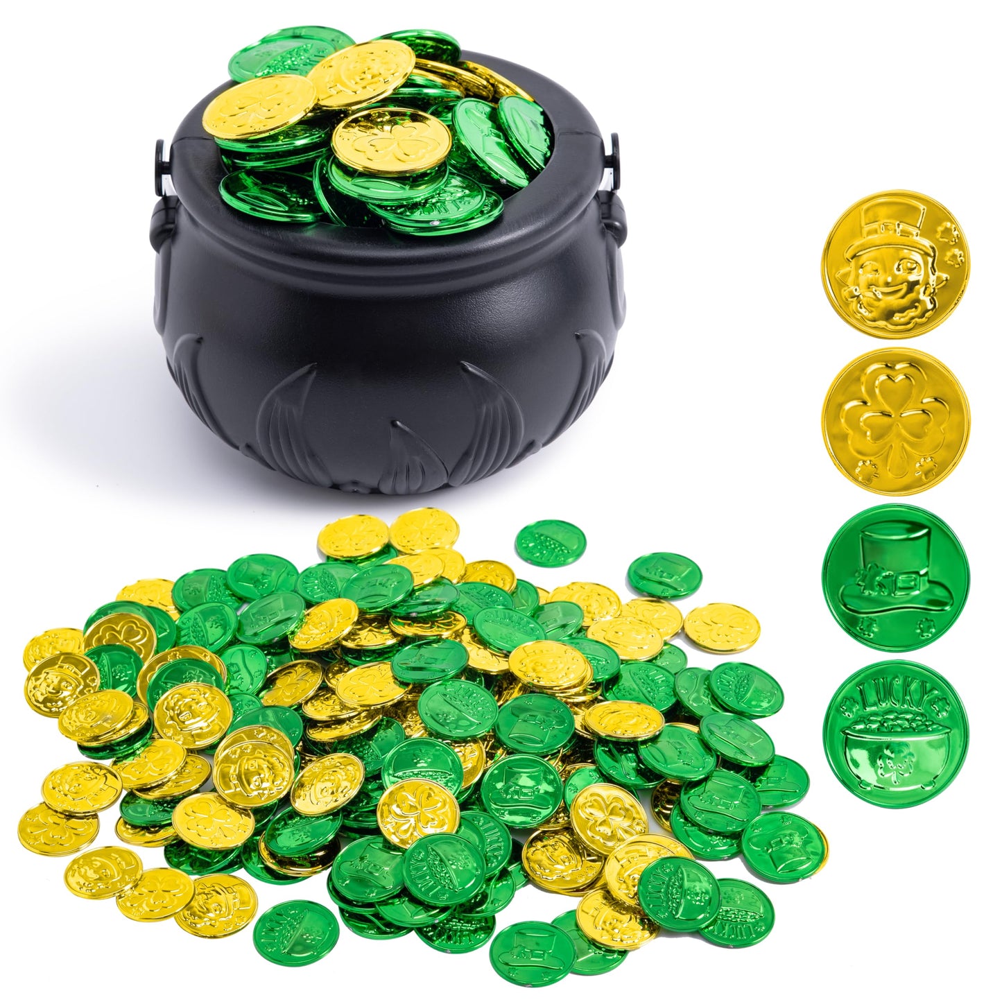 208 St Patrick’s Day Lucky Leprechaun Plastic Coins and 1 Large Black Cauldron with Handle Pot of Gold Party Supplies, St Patrick Decorations Party Favors