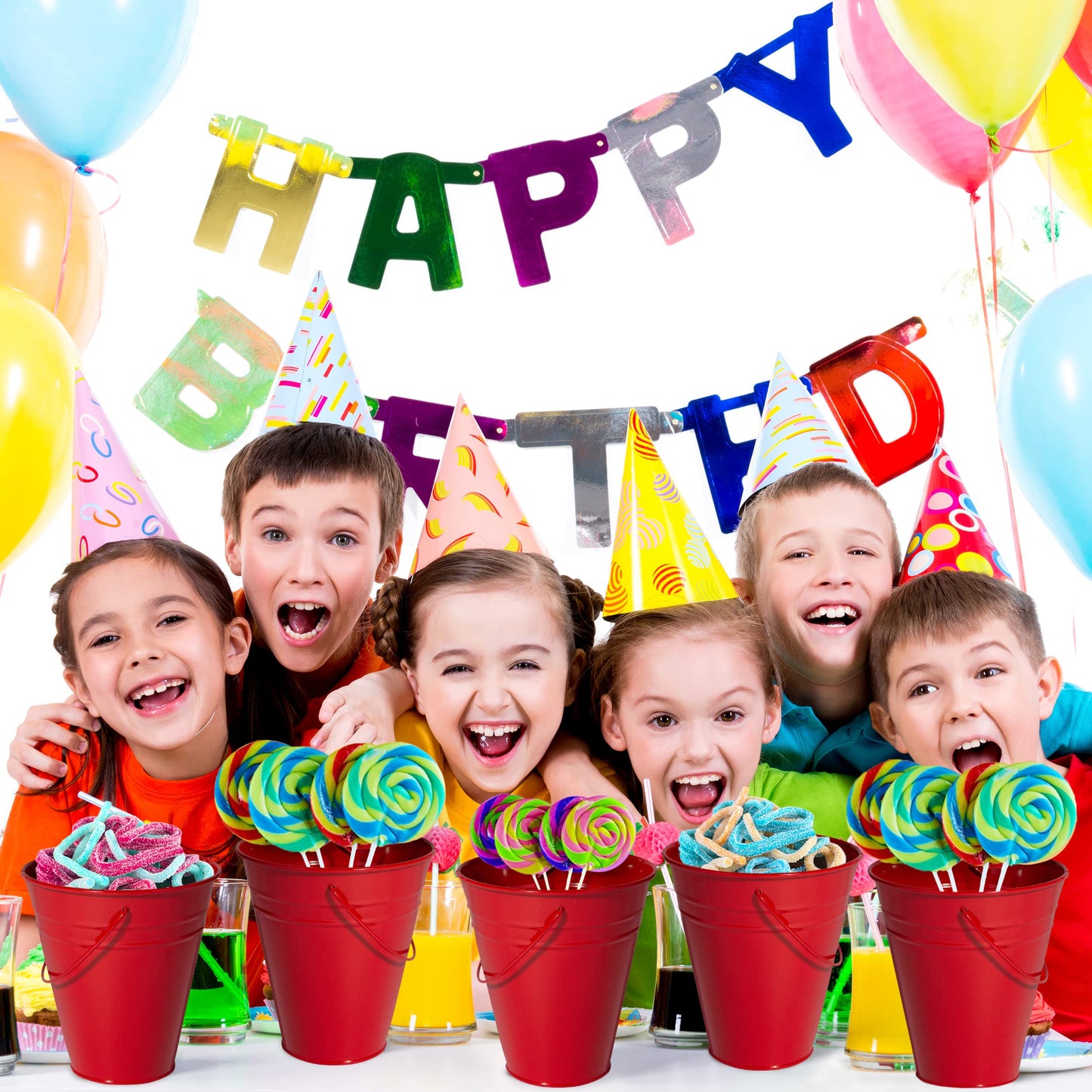 Metal Buckets, Galvanized Buckets, Small Buckets, 4.5" W x 5" H, 12 Pack, Tin Buckets, Mini Buckets, Small Metal Bucket, Metal Pail, Small Pail, with Handle, Red, for Party Favors, Classroom, Crafts