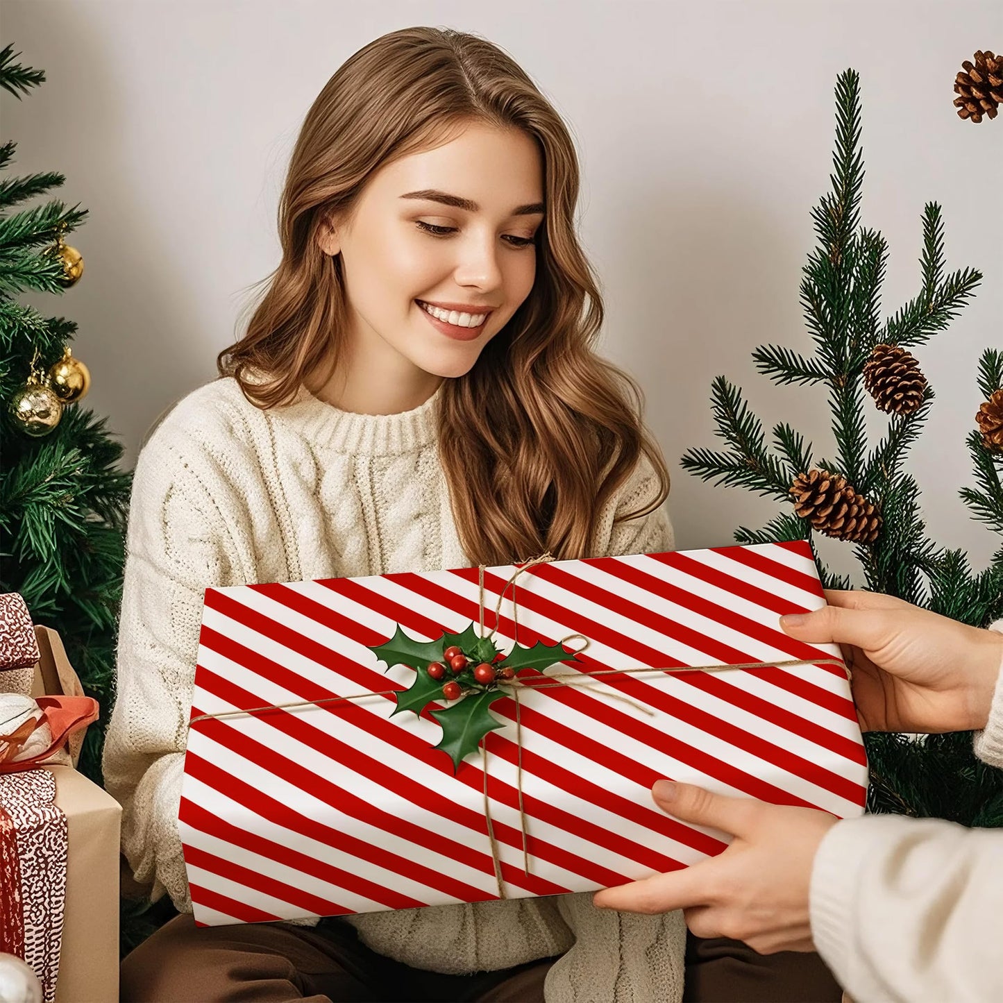 Reversible Wrapping Paper - Mini Roll - 17 Inch x 33 Feet - Red and Stripes Design for Christmas, Birthday, Holiday, Wedding, Baby Shower