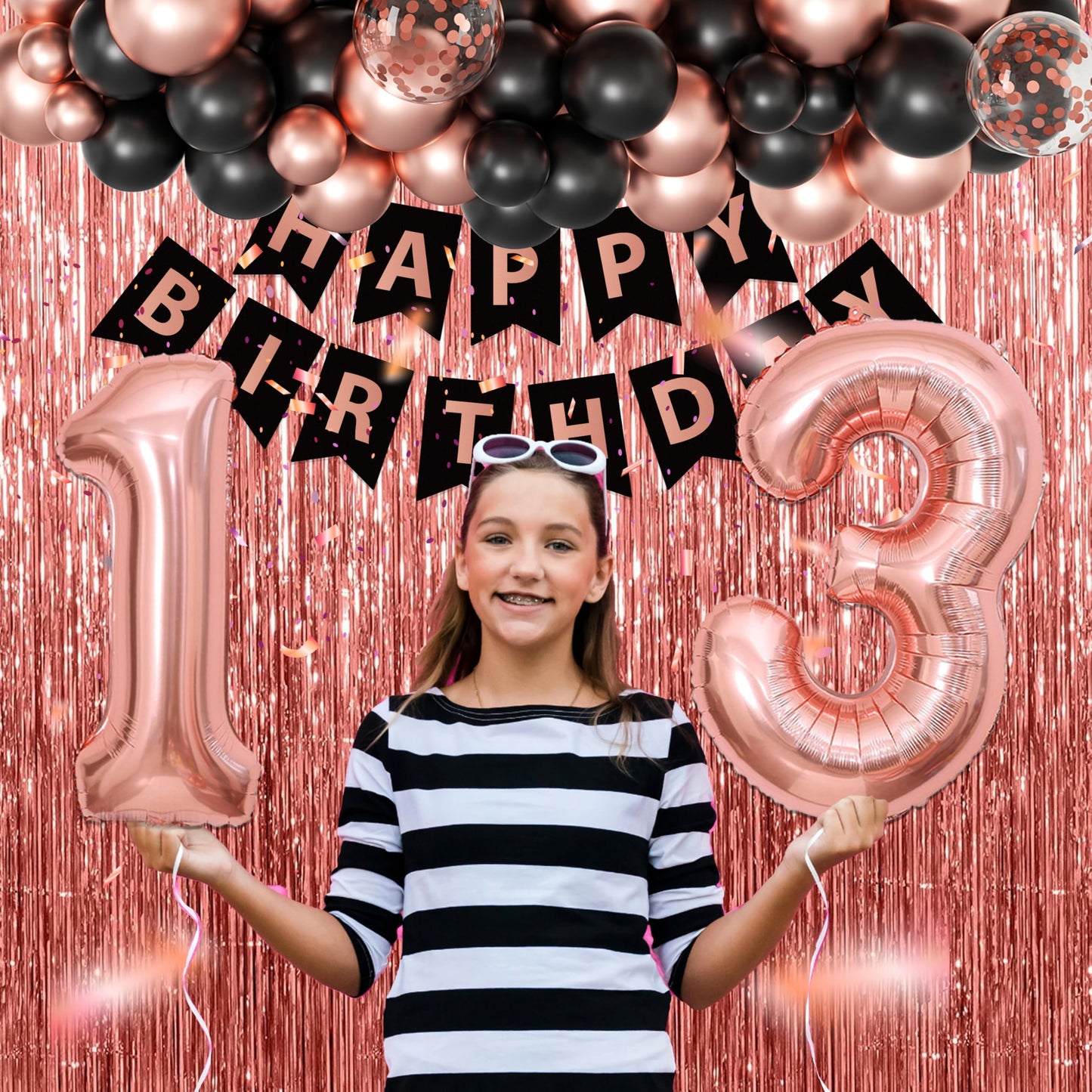 Rose Gold 13th Birthday Decorations for Girls - Official Teenager Party Supplies Include 3pcs Balloon Boxes, Number 13 Foil Balloons, Fringe Curtains, Black Pink Garland Arch Kit - Photo Prop Backdrop