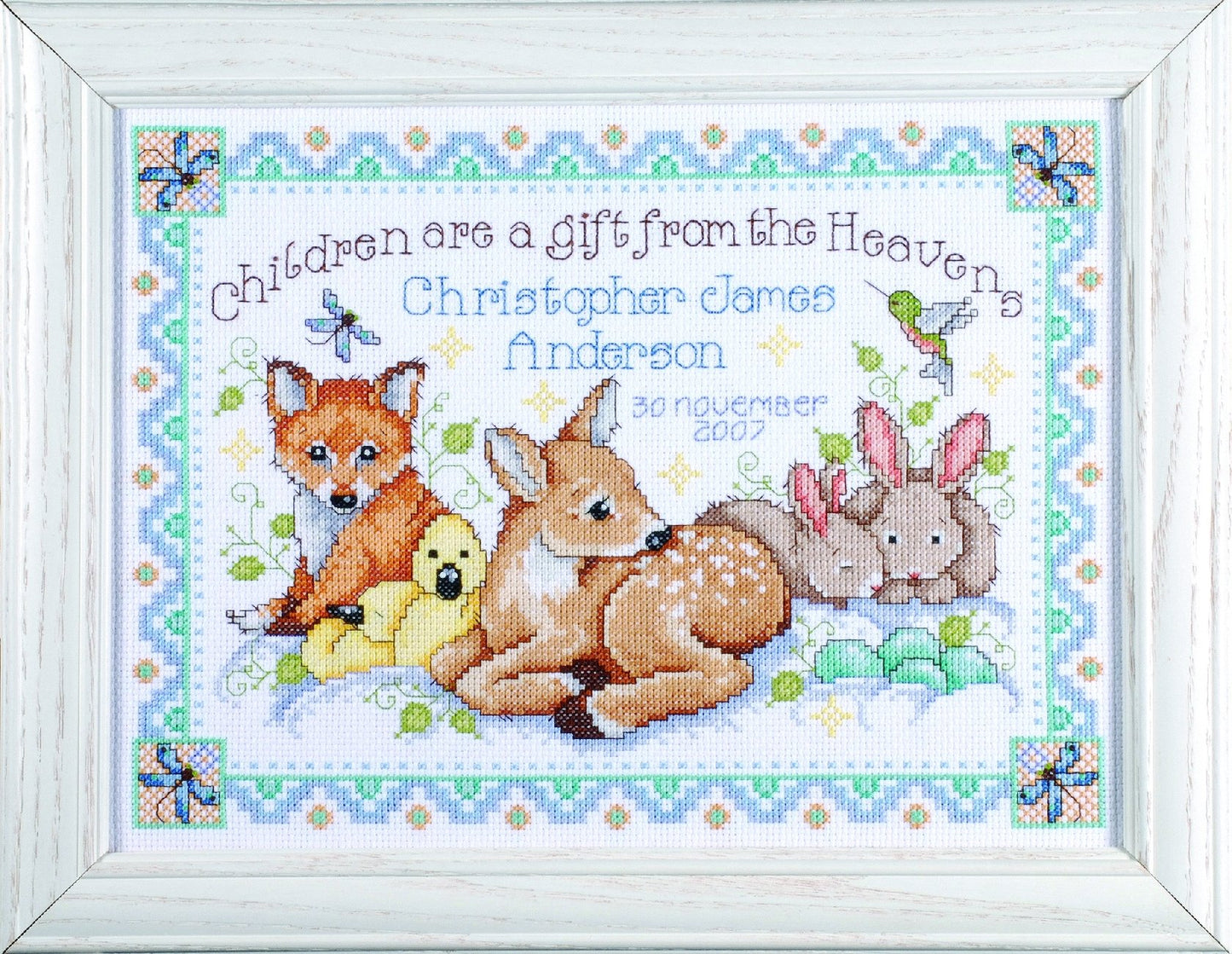 Counted Cross Stitch, Woodland Baby Sampler, 12 by 13 inches white