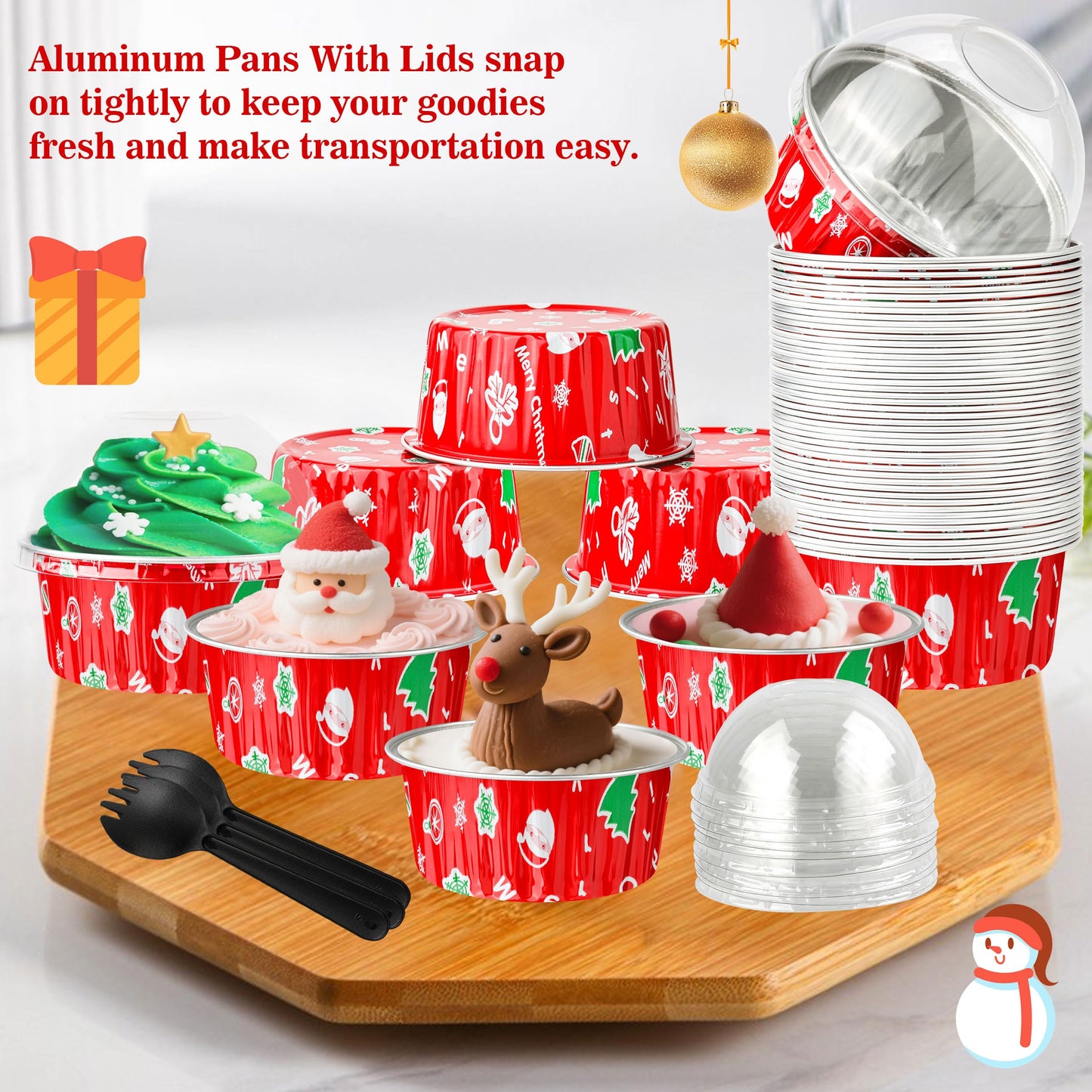 Mini Cake Pans, 50PCS 4OZ Aluminum Foil Baking Cups with Lids Disposable Ramekins Cupcake Containers Wrappers Aluminum Pans With Lids Cake Cups, Red Christmas