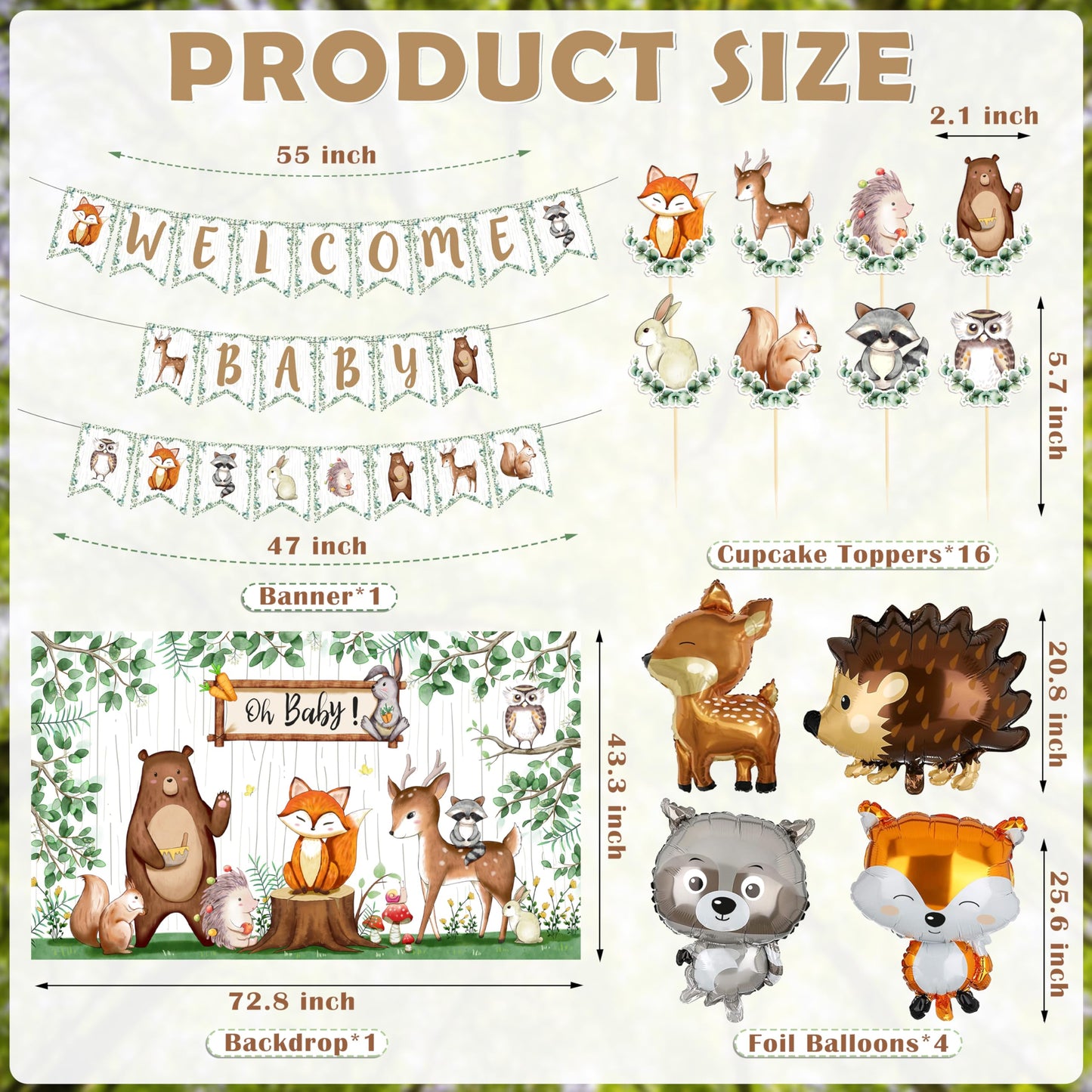 BORAMDO Woodland Animals Baby Shower Decoration Pack Forest Animal Neutral Gender Reveal Party Supplies Woodland Themed Birthday Party Ideas Set 106 Pcs Backdrop, Tablecloth, Cake Toppers, Balloons