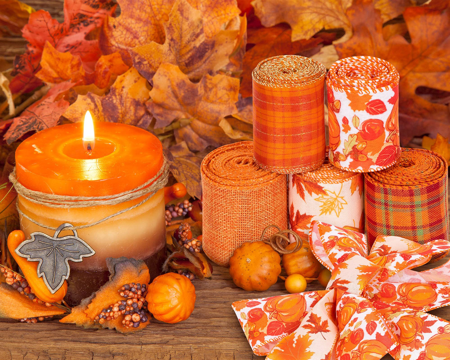 Whaline 6 Rolls Fall Thanksgiving Burlap Ribbon 30 Yard Orange Plaid Autumn Harvest Ribbon Pumpkin Fall Leaves Wired Edge Wrapping Ribbons for Wreath Floral Bows Craft Decor, 2.5In