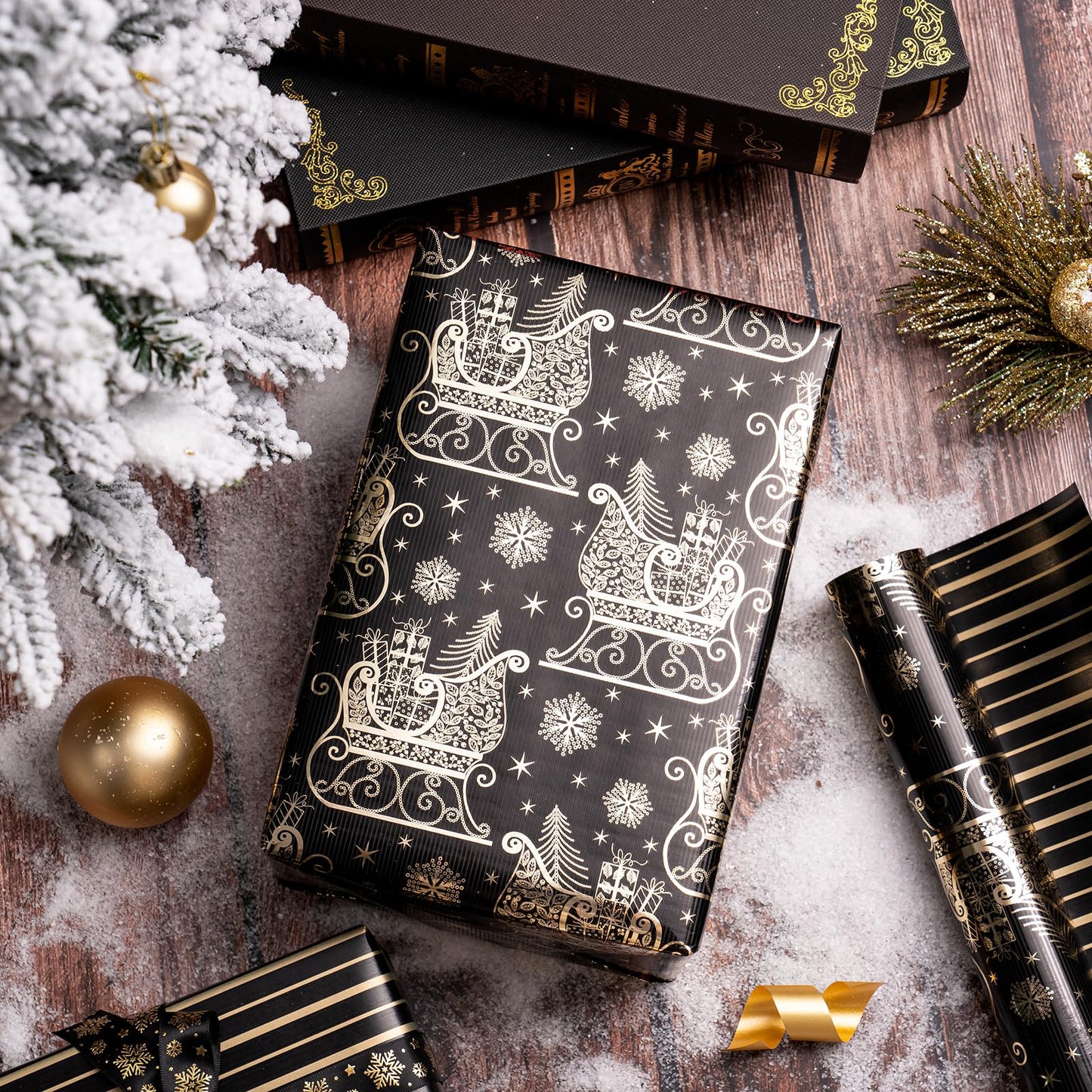 Reversible Black and Gold Christmas Wrapping Paper - Mini Roll - 17 Inch x 33 Feet - Black Gold Sleigh and Stripe Wrapping Paper with Metallic Foil Shine for Christmas, Holiday, Party