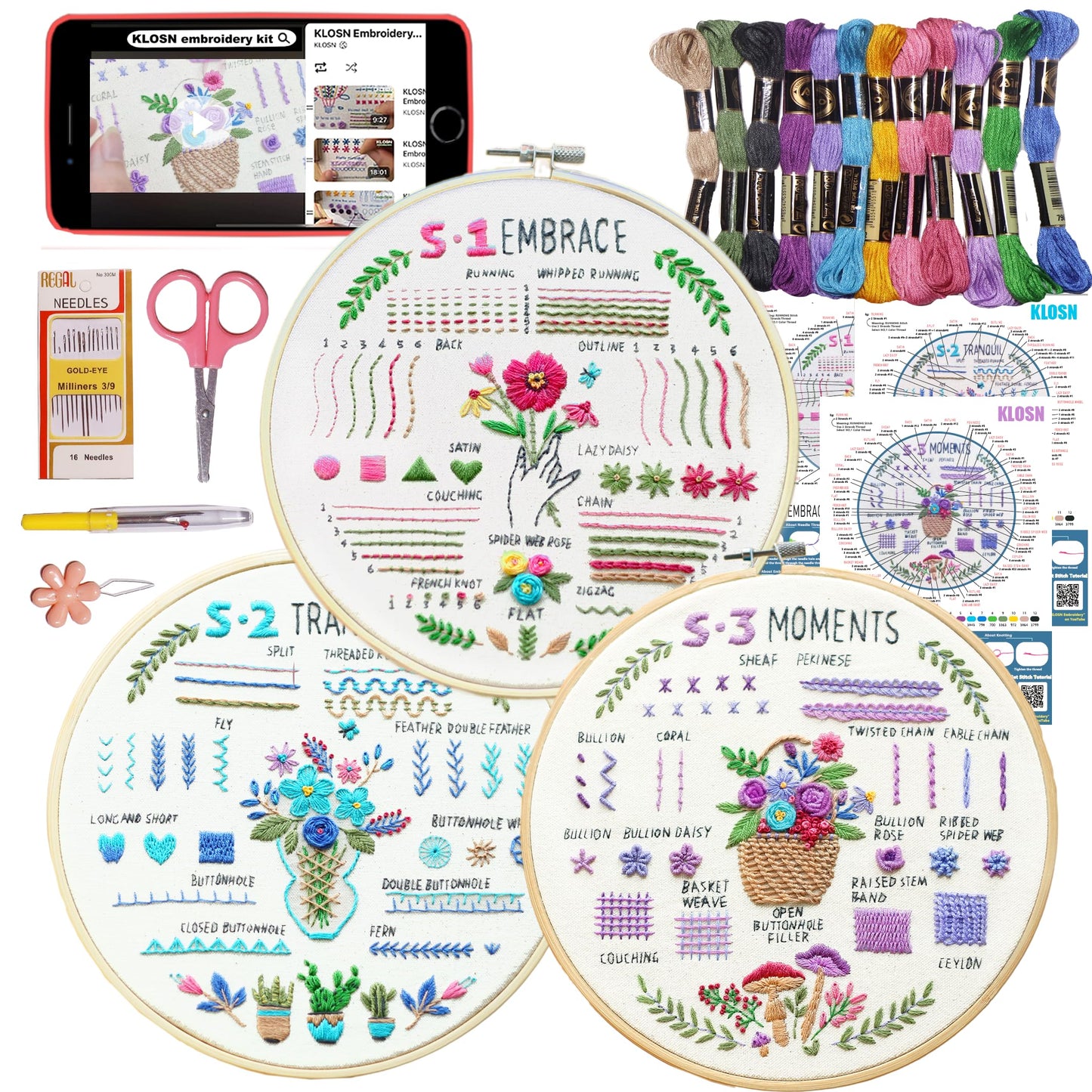 3 Sets Embroidery Kit for Beginners, 37 Embroidery Stitch Kits Adults Beginner with Embroidery Patterns, Punch Needle Point Kits Adults Including Embroidery Supplies and Instruction Video