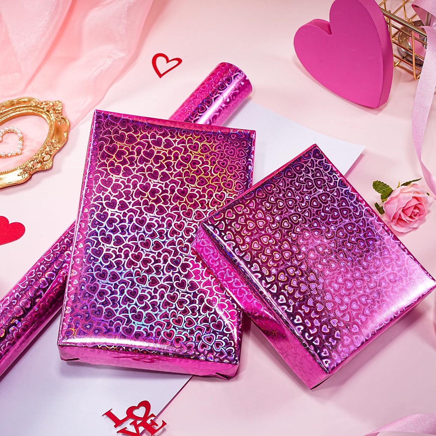 Heart Wrapping Paper Roll - Mini Roll - 17 Inch x 16.5 Feet - Hot Pink Little Heart Metallic Holographic Wrapping Paper for Valentines Day, Birthday, Wedding, Baby Shower, Bridal Shower